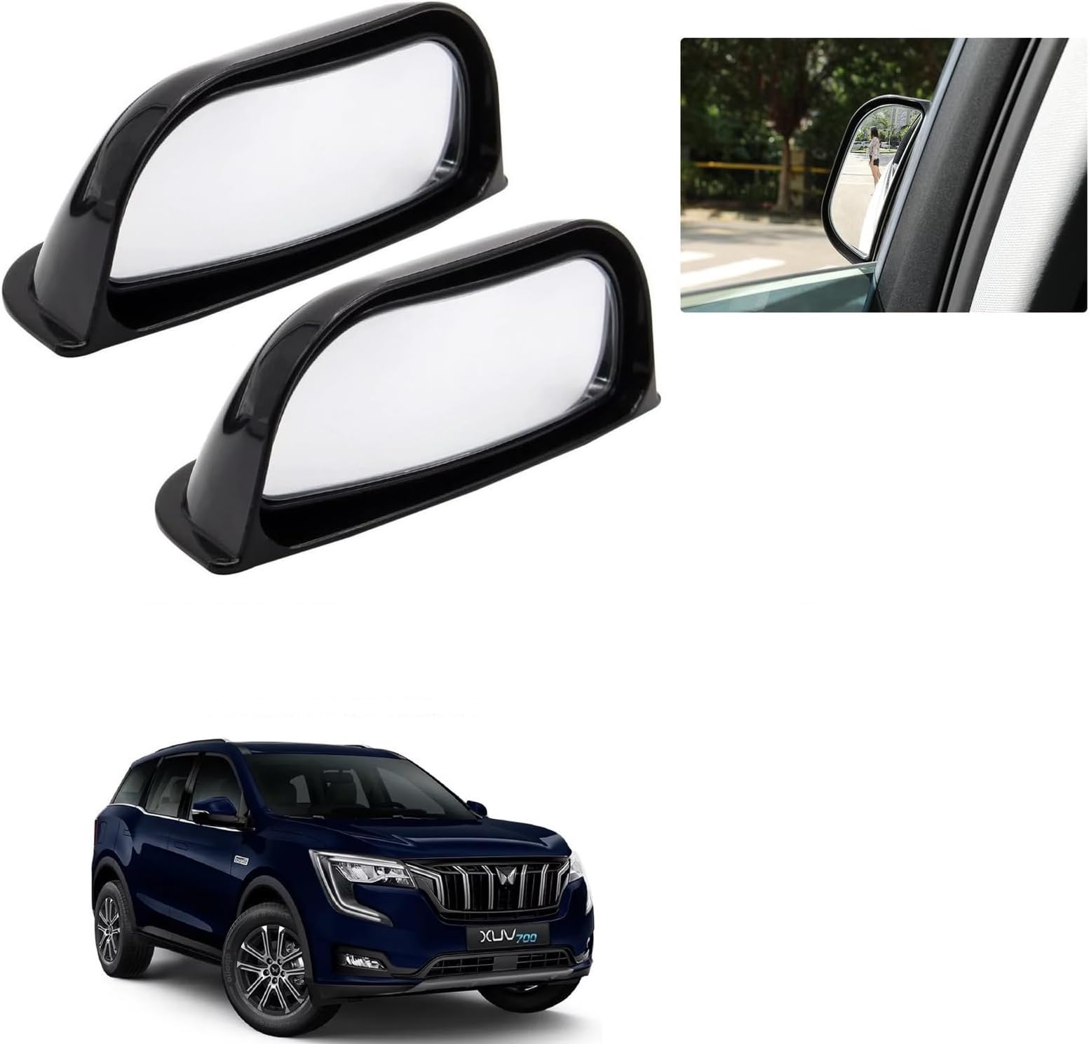 Auto Addict Car Side View Mirror Wide Angle Blind Spot Mirror/B-Pillar for Rear Seat Passengers (Pack of 2, Black) with Convex Mirror Compatible for Mahindra XUV 700