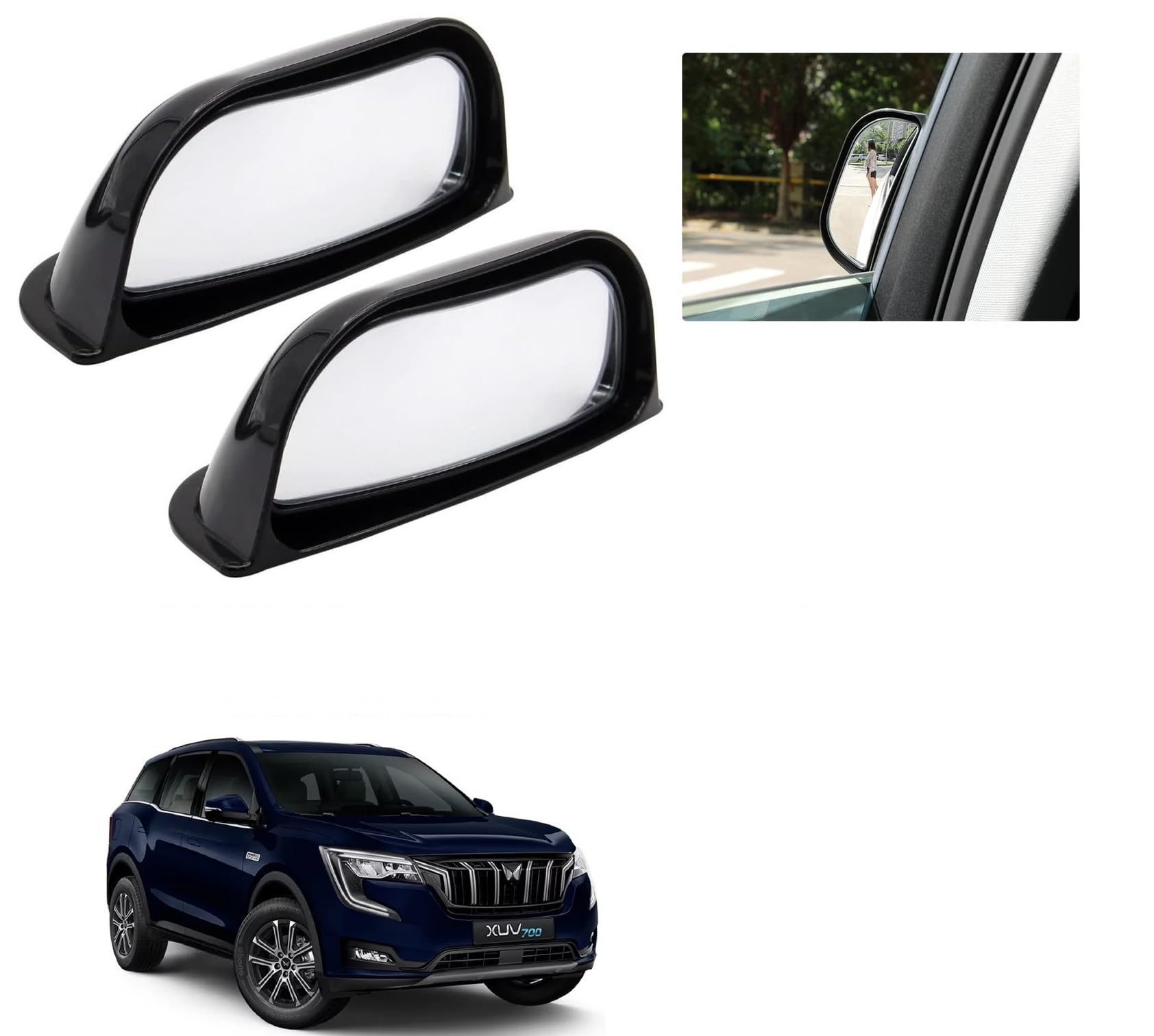Auto Addict Car Side View Mirror Wide Angle Blind Spot Mirror/B-Pillar for Rear Seat Passengers (Pack of 2, Black) with Convex Mirror Compatible for Mahindra XUV 700