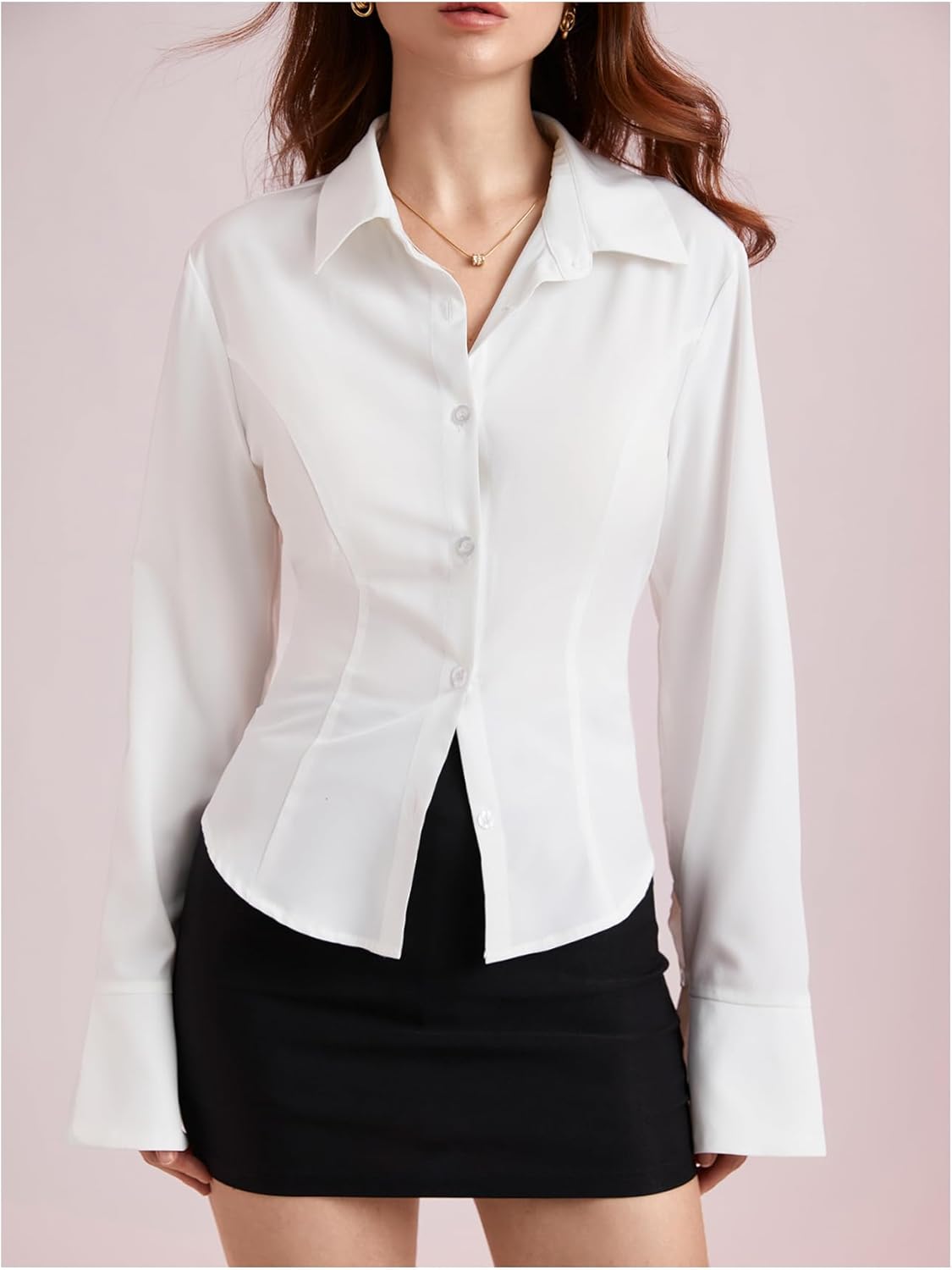 WDIRARA Women's Long Bell Sleeve Button Down Shirt Lace Up Back Princess Line Lapel Top - Image 2