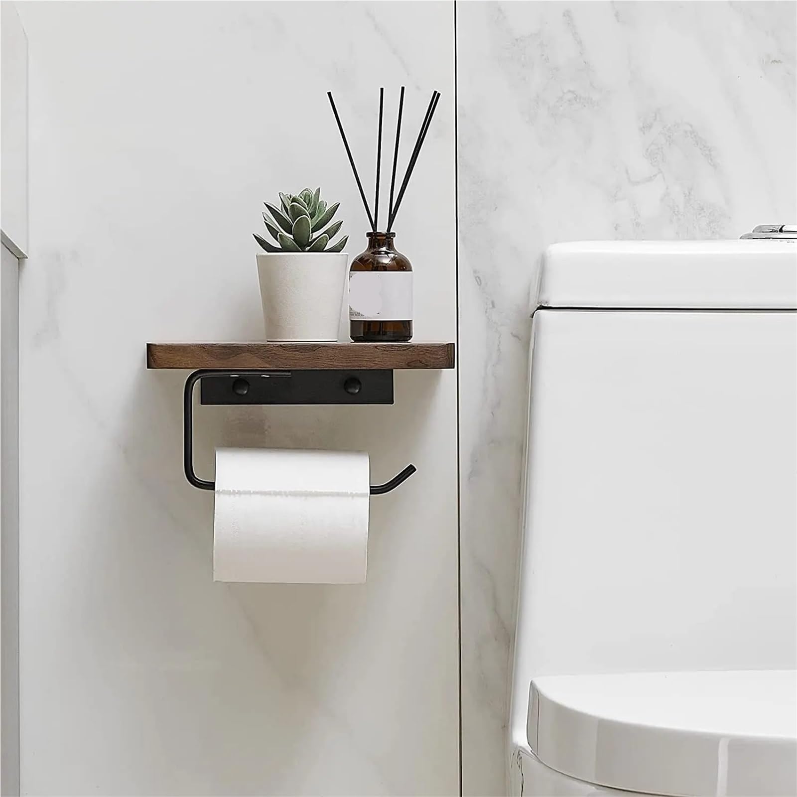 Portarotolo WC adesivo con mensola Porta carta igienica con ripiano | Senza trapano in legno di noce, appendiabiti a parete for rotoli di carta velina(Black)
