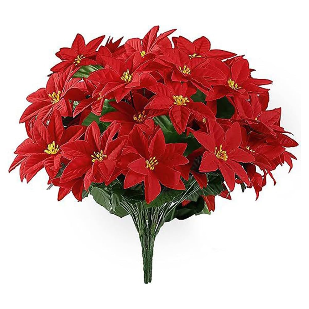 FACAIIO Juego de 4 flores rojas de Navidad de 36 cm, flor de Pascua artificial para interiores y exteriores, porche, jardín, decoración de vacaciones