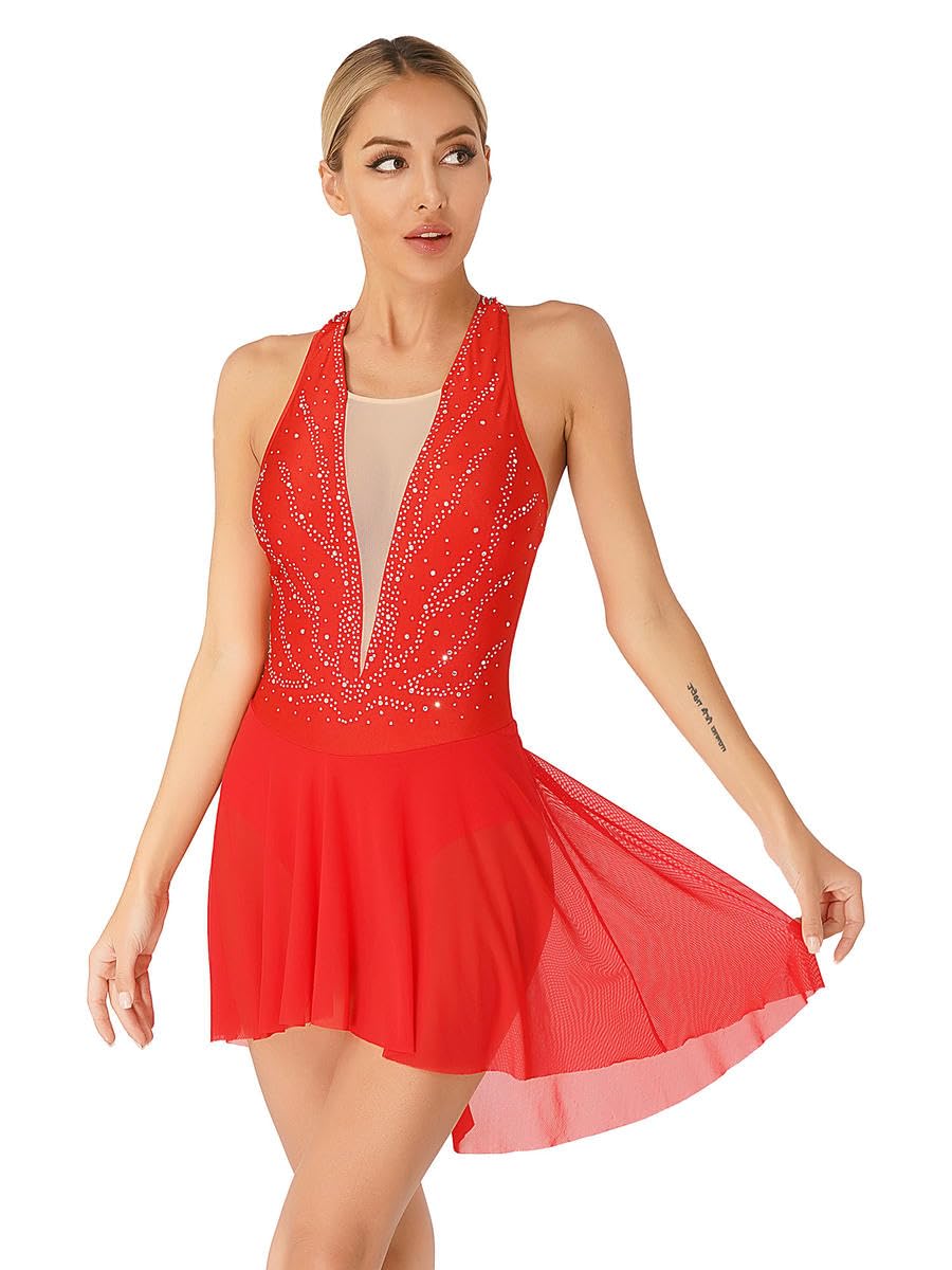 Vestido de ballet para mujer con letras líricas, leotardo de gimnasia, falda con vuelo, dobladillo asimétrico transparente, disfraces de patinaje artístico