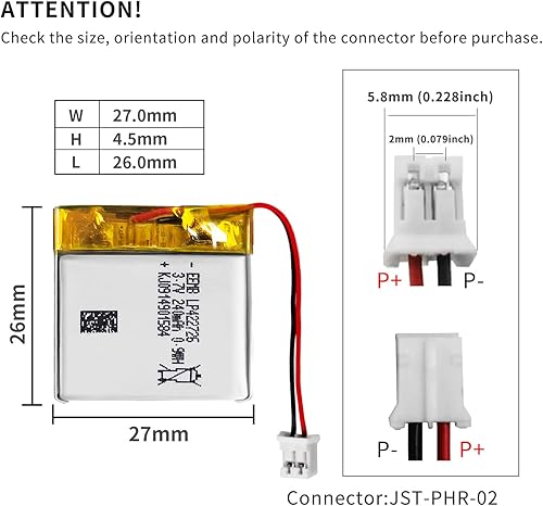 B09WR311XP_image_2 EEMB Batería recargable de polímero de litio de 3.7 V 720 mAh 383454 Lipo con conector JST para asegurar que la polaridad del dispositivo coincida