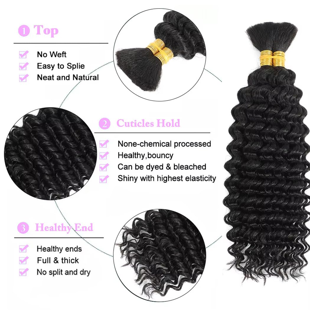Cabello humano trenzado para trenzas bohemias de 20 pulgadas, 3.88 oz de onda profunda, cabello humano a granel para trenzar 12A, 100% sin procesar, extensiones de cabello bohemio a granel, color 2