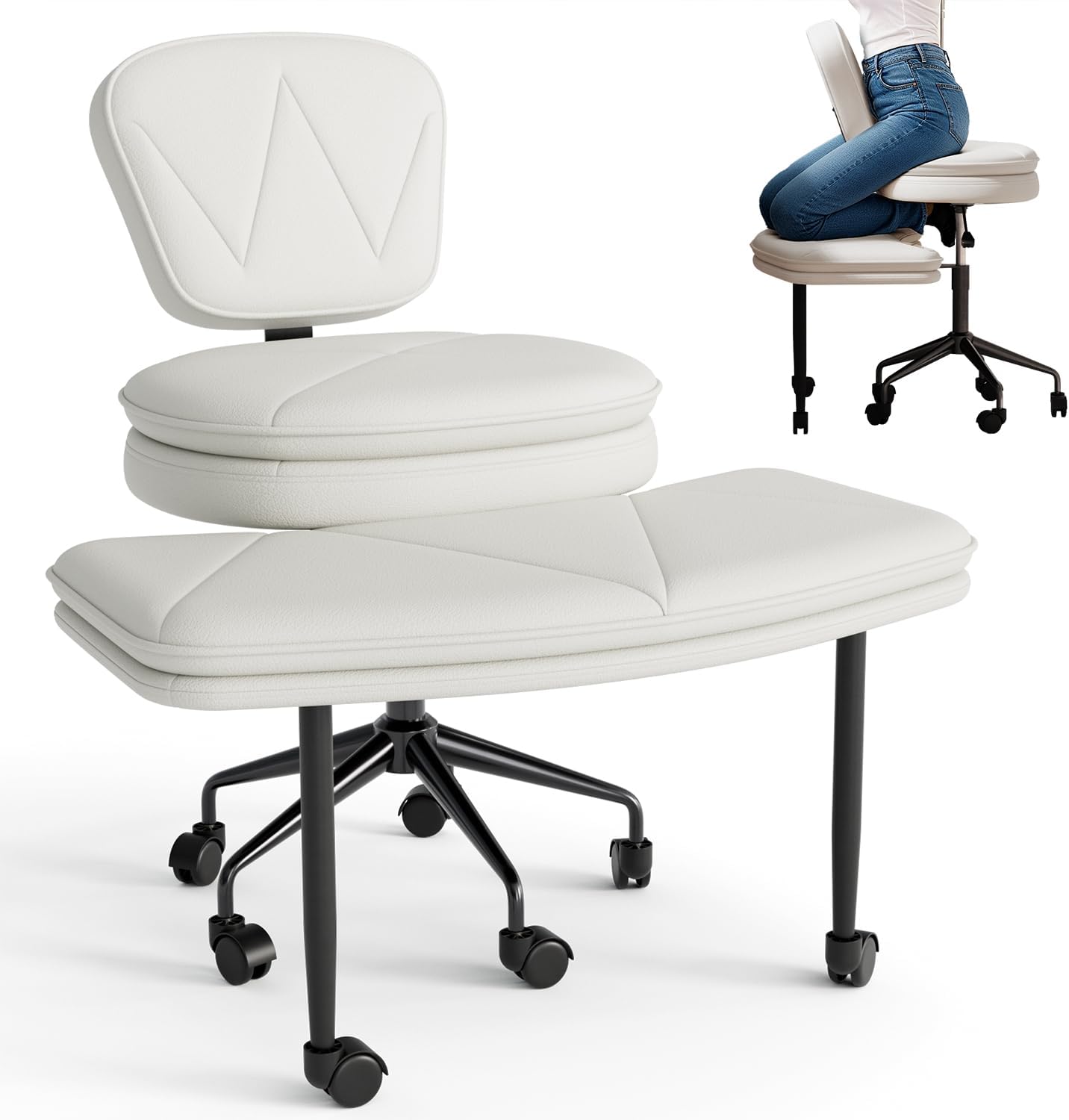 Ergonomic Cross Legged Chair, 360°Swivel Criss Cross Chair with Wheels, Double-Layer Upholstered Desk Chair, 31.3" Large Office Chair for Meditation and ADHD. White