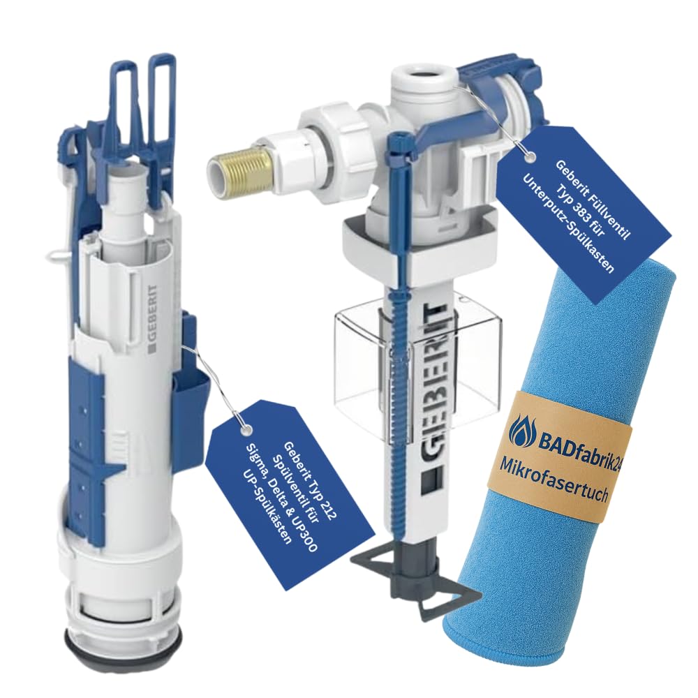 Geberit Füllventil Typ 383 & Spülventil Typ 212 Set – kompatibel mit Sigma/Delta/UP300 Spülkästen – inkl. Mikrofasertuch – schnelle WC-Reparatur, leiser Betrieb, einstellbare Spülmengen