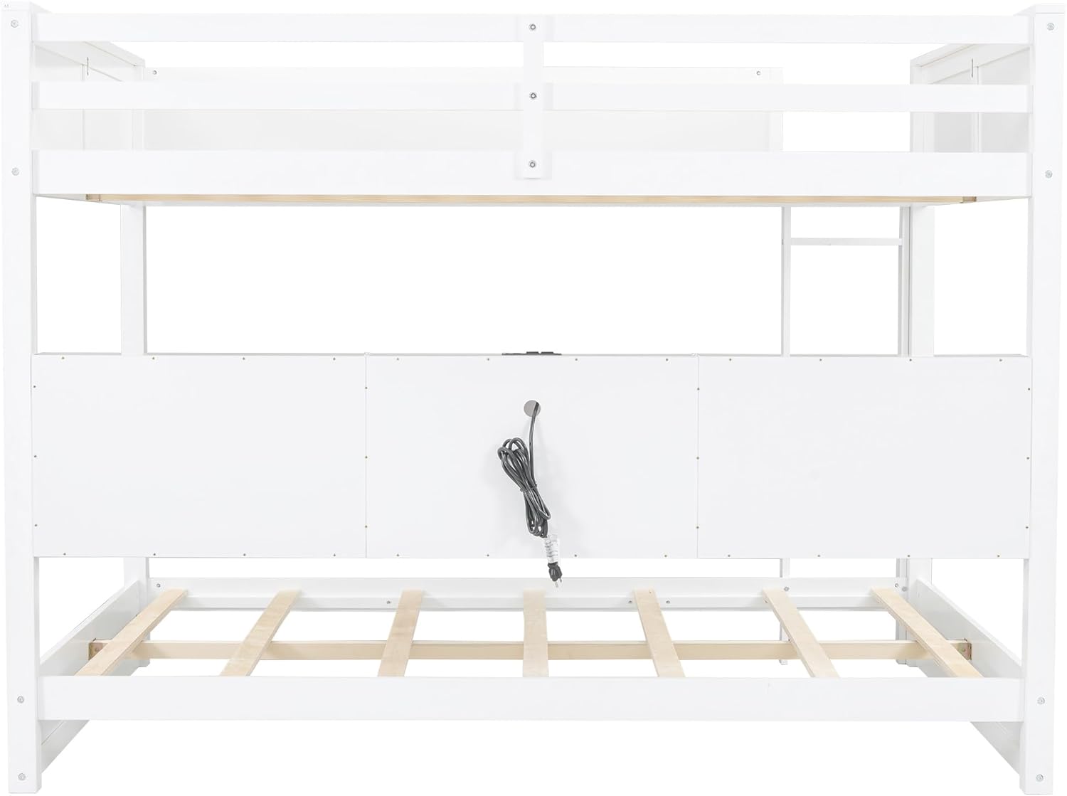 Ball & Cast Queen Over Queen Bunk Bed with 6 Storage Cabinets and USB Ports,Wooden Bedframe w/Ladder & Guardrails,Space Saving,Solid Wood Slats Support,for Student Dorms,Guest Rooms,White