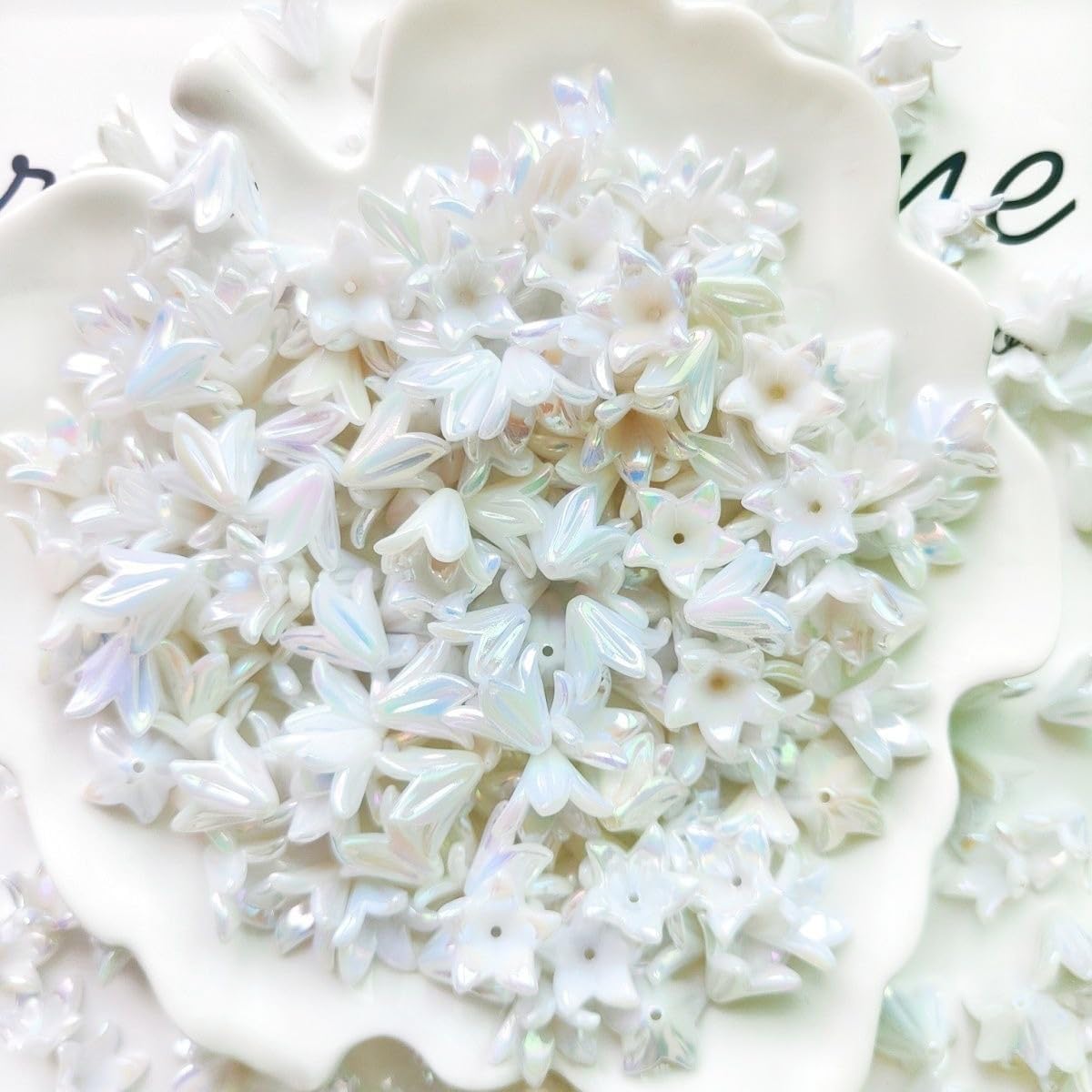 130Pcs Acrylic Trumpet Flower Beads for Jewelry Making AB Lily Flower Bead Caps Pastel Floral Beads for Earrings Necklace Bracelet DIY Craft Accessories Keychain(White) - Image 2