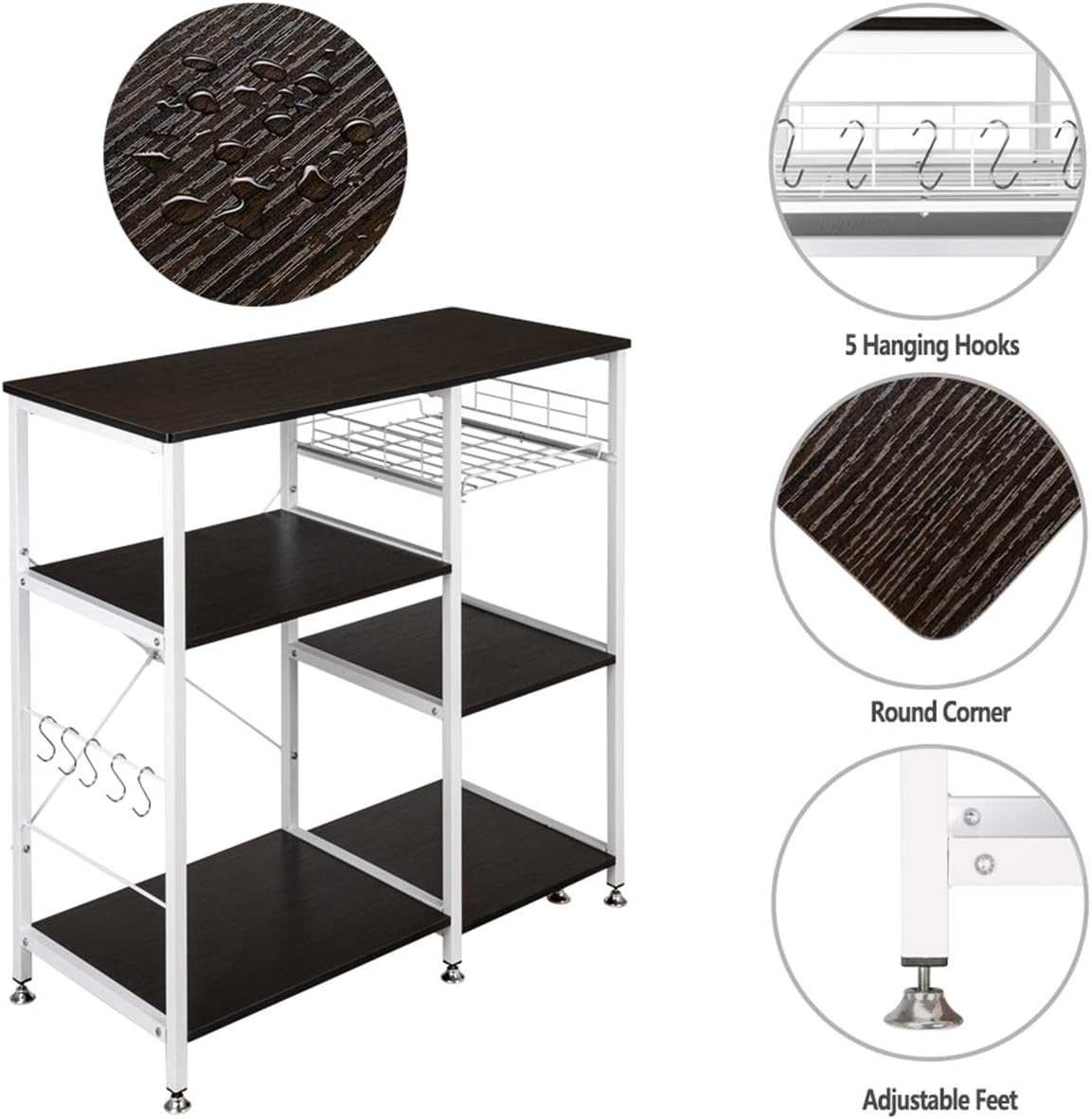 35.5" Kitchen Baker's Rack Utility Storage Shelf Microwave Stand 3-Tier Table for Spice Rack Organizer Workstation Shelf Dark Brown Utility Storage Organizer Shelf Rack MITPATY
