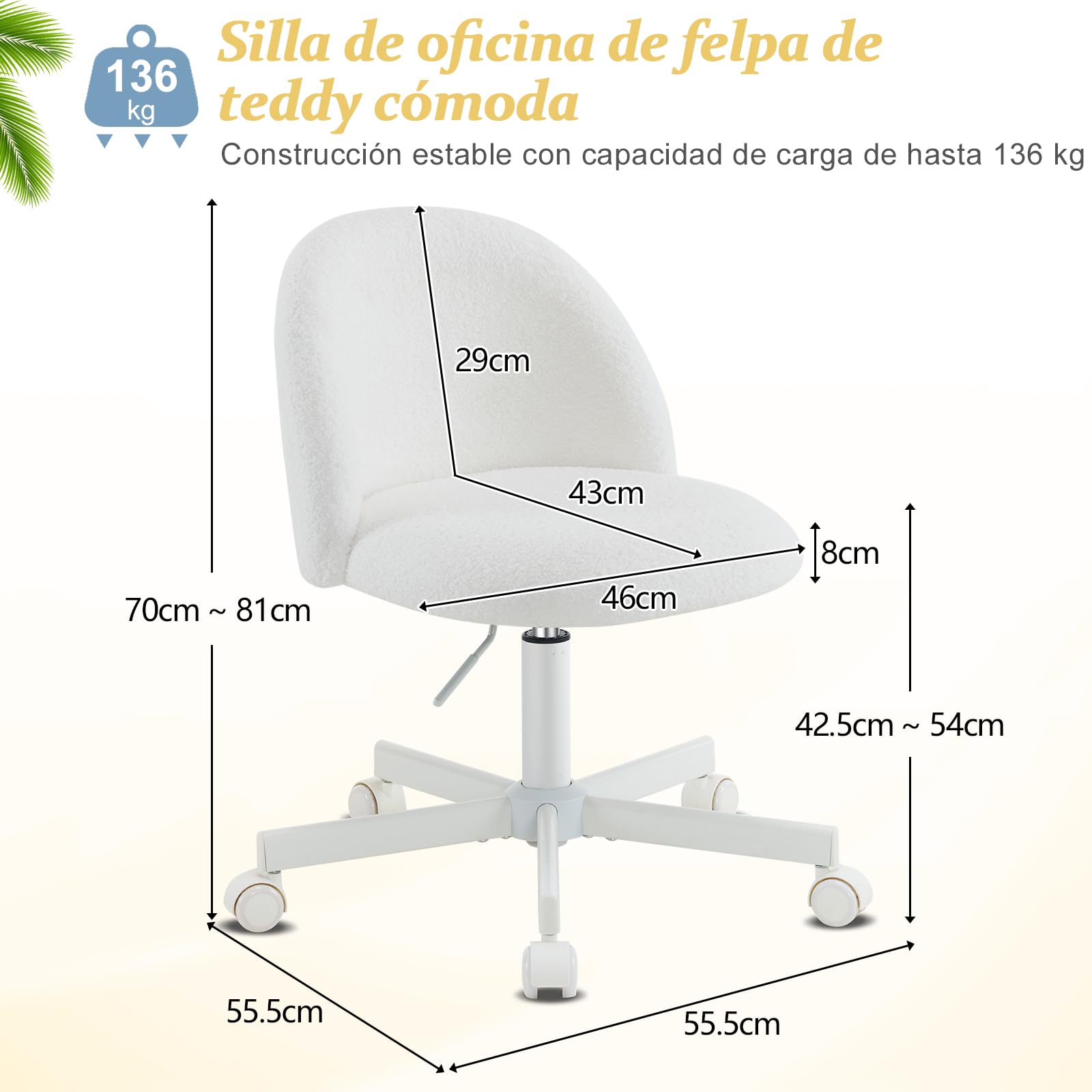 Silla de Escritorio, Silla Tocador, Oficina y Tocador, con Ruedas, Altura Regulable, Silla Compacta para Estudio, Dormitorio, Oficina en Casa, Tejido Teddy (Blanco)