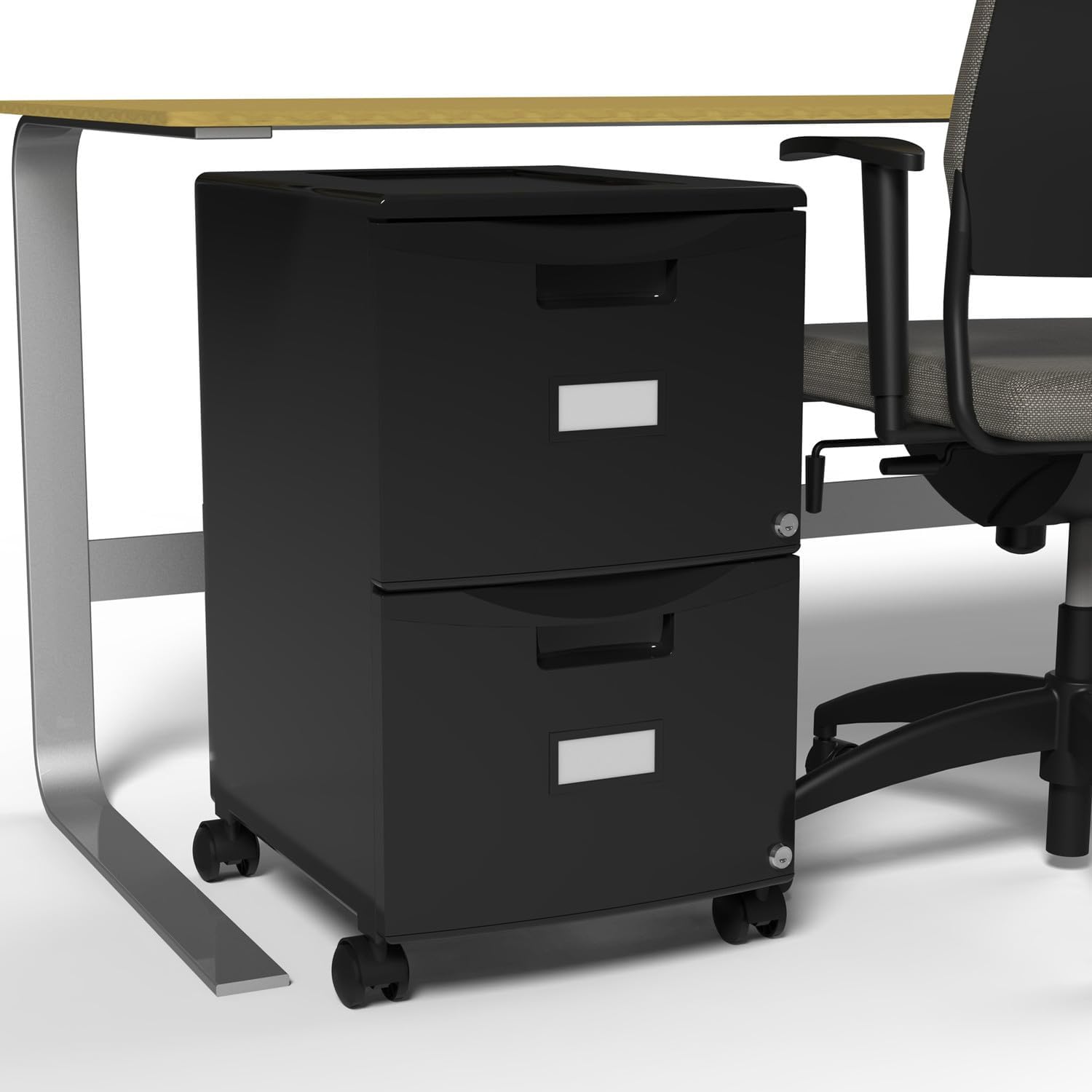 Storex Plastic Two-Drawer Mobile Pedestal File Cabinet – Locking Document Organizer with Casters for Home and Office, Black, 1-Pack (61312U01C)