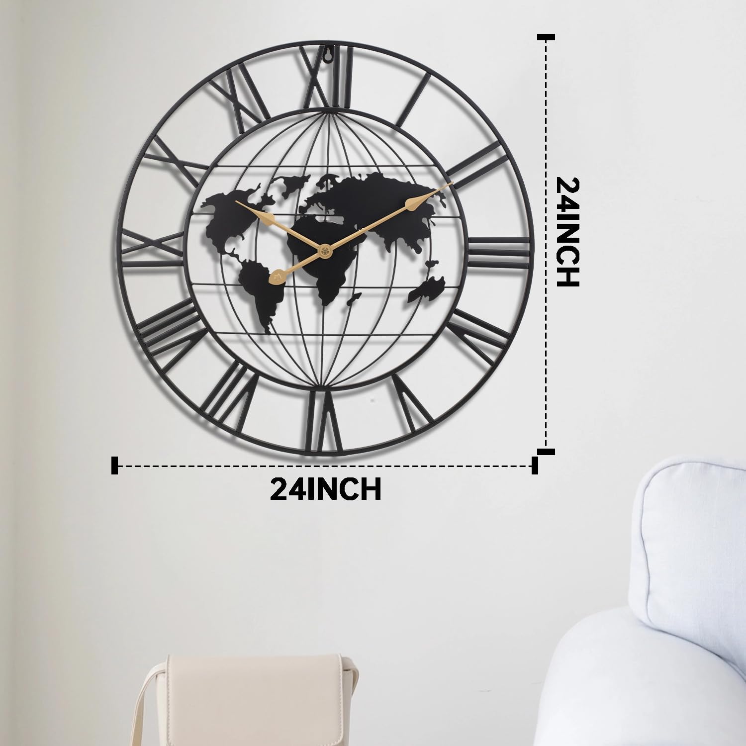 SIN&MI Large World Map Wall Clock,Metal Minimalist Modern Clock,Round Decorative Silent Non-Ticking Battery Operated Wall Clocks for Living Room/Entryway/Kitchen/Bedroom/Office/School Decor (24 Inch)