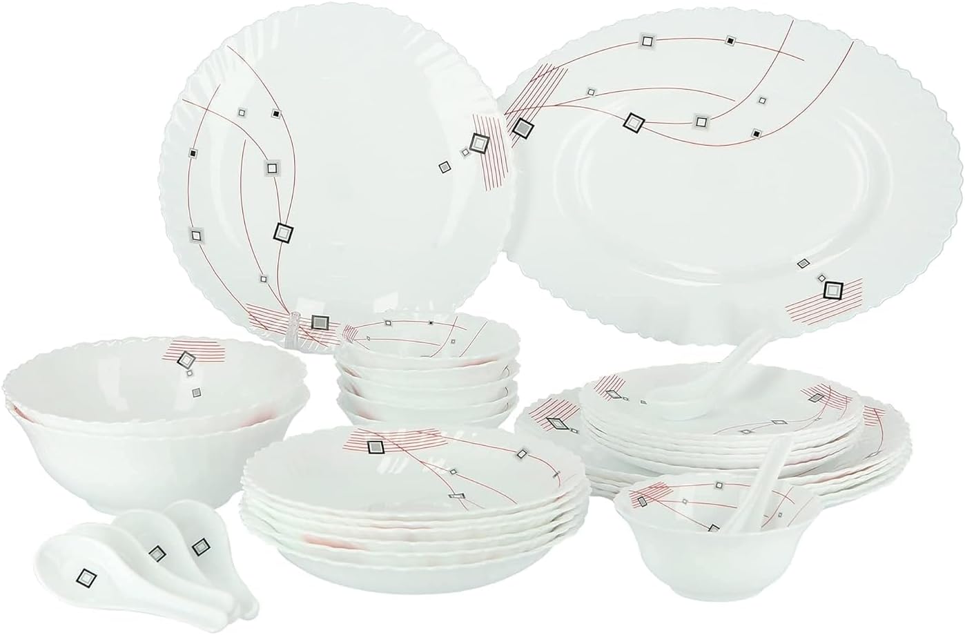 33Pcs Opal Ware Dinner Set - Floral Design Plates, Bowls, Spoons | Comfortable Handling | Perfect for Family Everyday Use, and Family Get- Together, Restaurant, Banquet and More (Blue and Red)