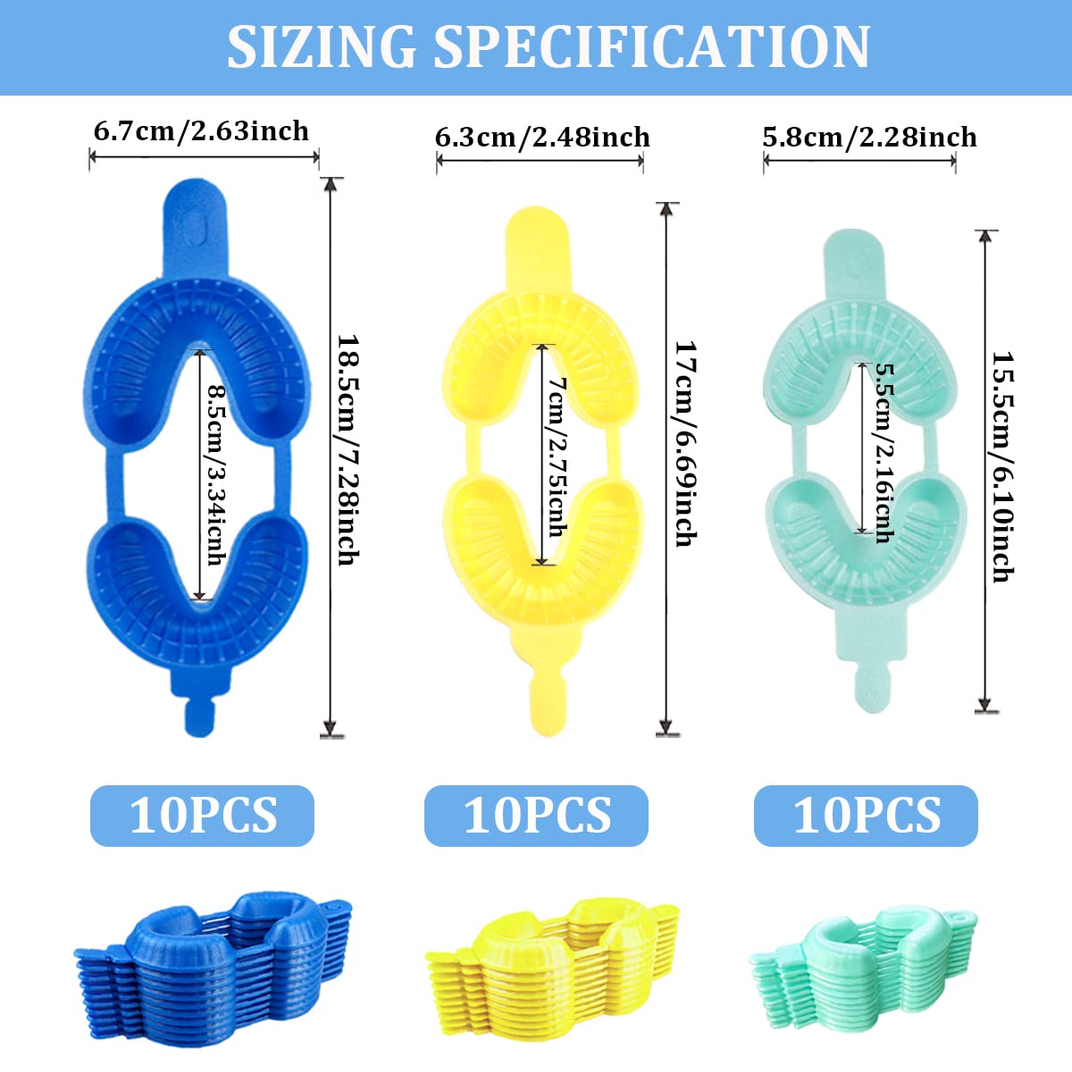 FERCAISH 30 Pcs Disposable Dental Fluoride Trays, 3 sizes Fluorinated Foam Dental Tray- Dental Fluoride Trays Dual Arch Tray Alginate Impression Material(S/M/L)