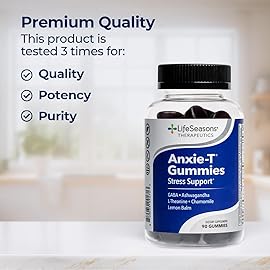 Anxie-T - Stress Relief Gummy - Vitamin Supplement for Mood & Mental Focus Support - Feel Calm and Relaxed - Rapidly Eases Tension - Ashwagandha, GABA & L-Theanine - 90 Gummies
