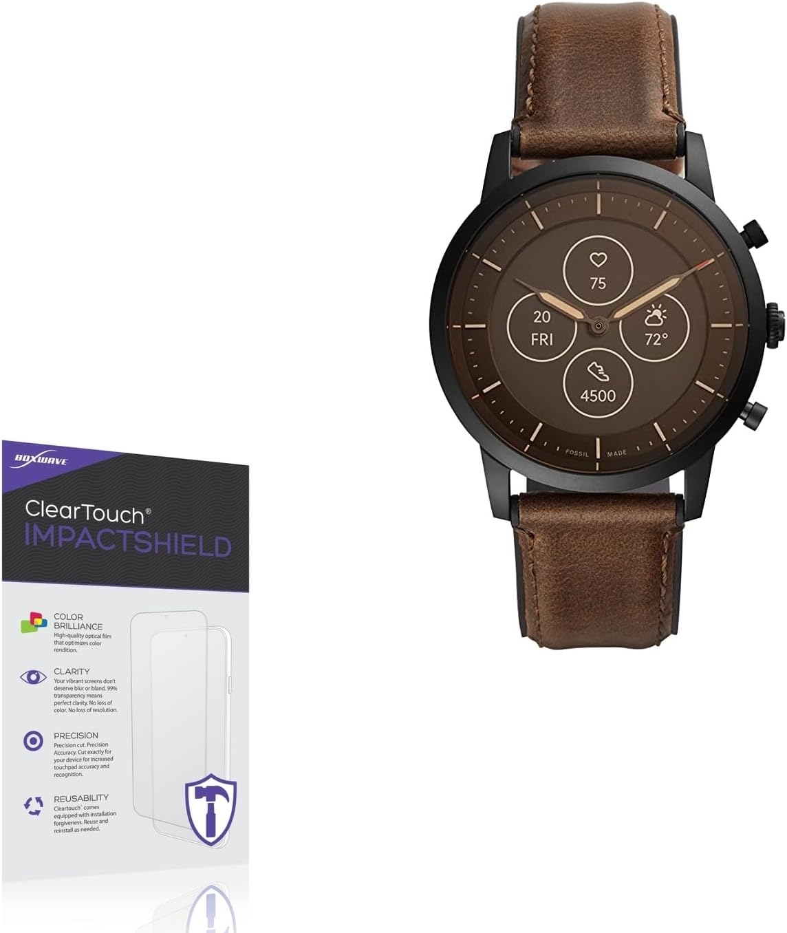 BoxWave Screen Protector Compatible with Fossil Collider HR Hybrid Smartwatch - ClearTouch ImpactShield (2-Pack), Impenetrable Screen Protector Flexible Film