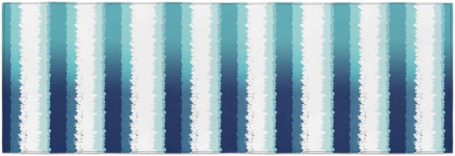 Teamery Kitchen Mats for Floor Teal White Gradient Stripes Washable Non Slip Kitchen Rugs 1PCS, Vertical Striped Absorbent Standing Mats for Sink Bathroom Office Living Room 15.7x47.2in