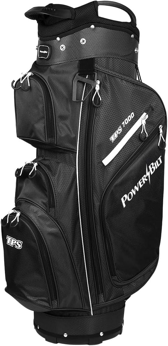 Powerbilt TPS 7000 Golf Cart Bag for Men & Women, 14 Way Divider Top 9 Zippered Pockets Rain Hood Cover Carry Strap Putter Well