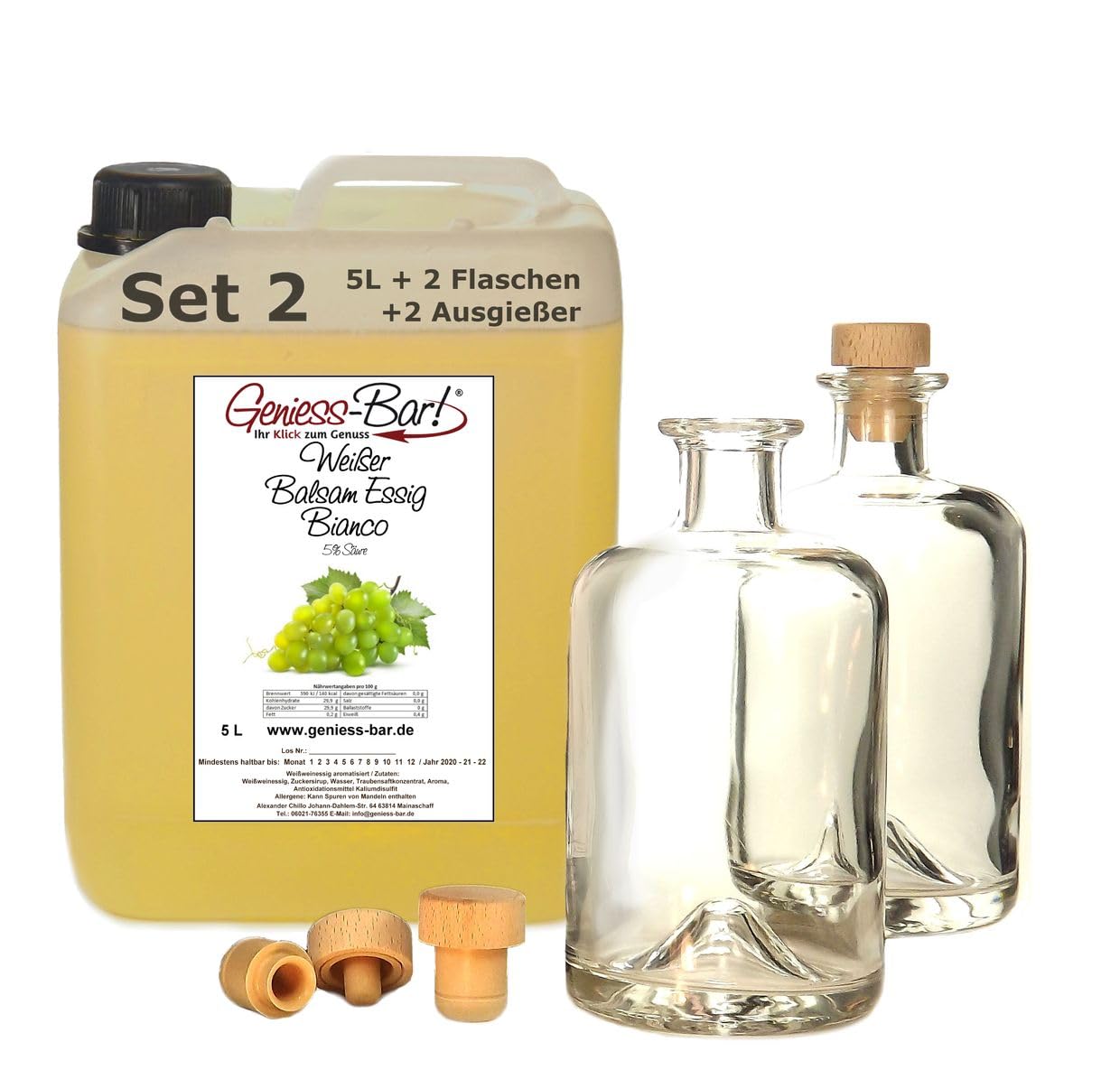 Weißer Balsam Essig Bianco 5L mit 2 Flaschen & Ausgießer - sehr mild & konzentriert 5% Säure