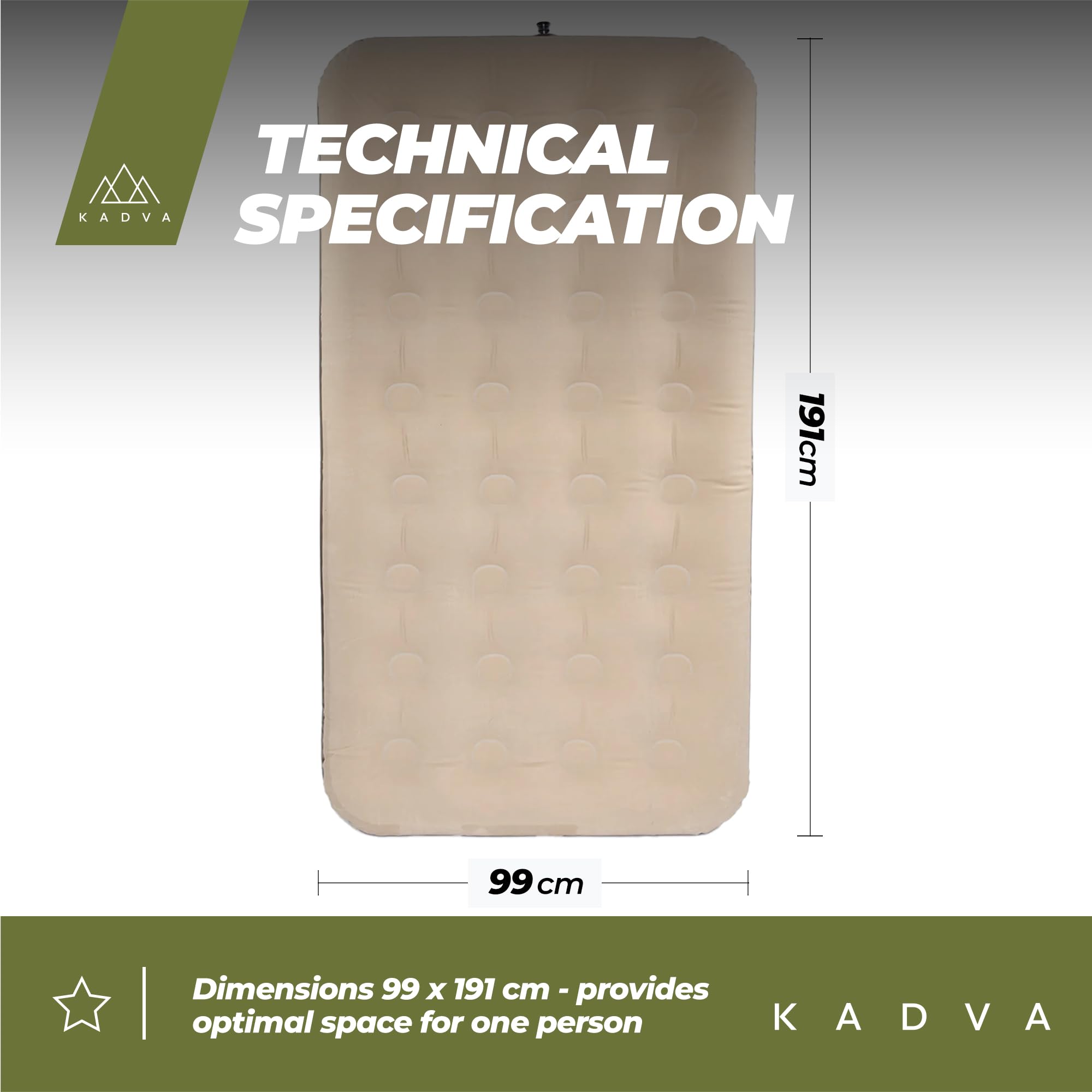 KADVA SINBED Pojedynczy materac dmuchany w kolorze beżowym (191 x 99 x 22 cm), nośność 140 kg, szczelny, z podwójnym zaworem, PCW, łatki naprawcze. Idealny na kemping, podróże, dodatkowe łóżko.