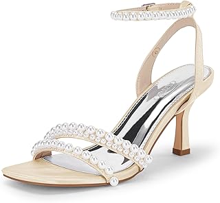 Womens Pearl Kitten Heels Sandals Square Open Toe Dress Sandals Ankle Strap Satin Wedding Party Summer Sandals