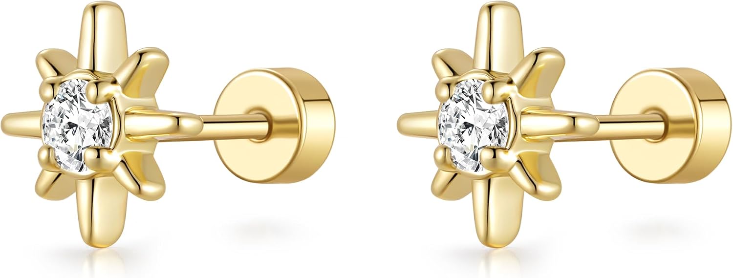 ASHINE Flat Back Stud Earrings Hypoallergenic 14K Gold Plated 925 Silver Post Dainty CZ Cartilage Helix Tragus Piercing Star Jewelry for Women