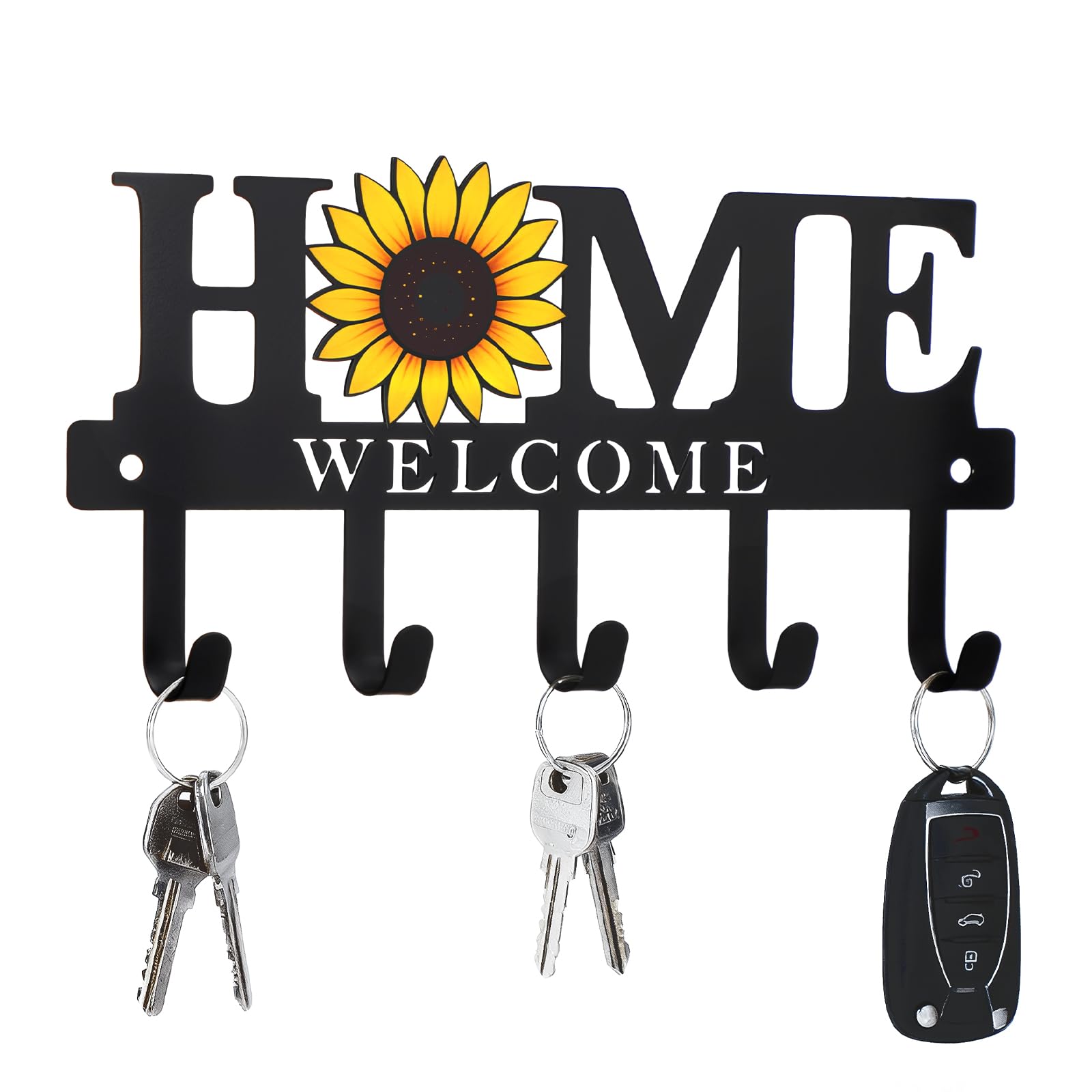 Key Holder Wall Mount Sunflower Metal Key Hooks Organizer Hanger Coat Rack with 5 Hooks Rustic Farmhouse Decorative Welcome Home Wall Decor for Entryway Bathroom Hallway Living Room 9.8 Inch