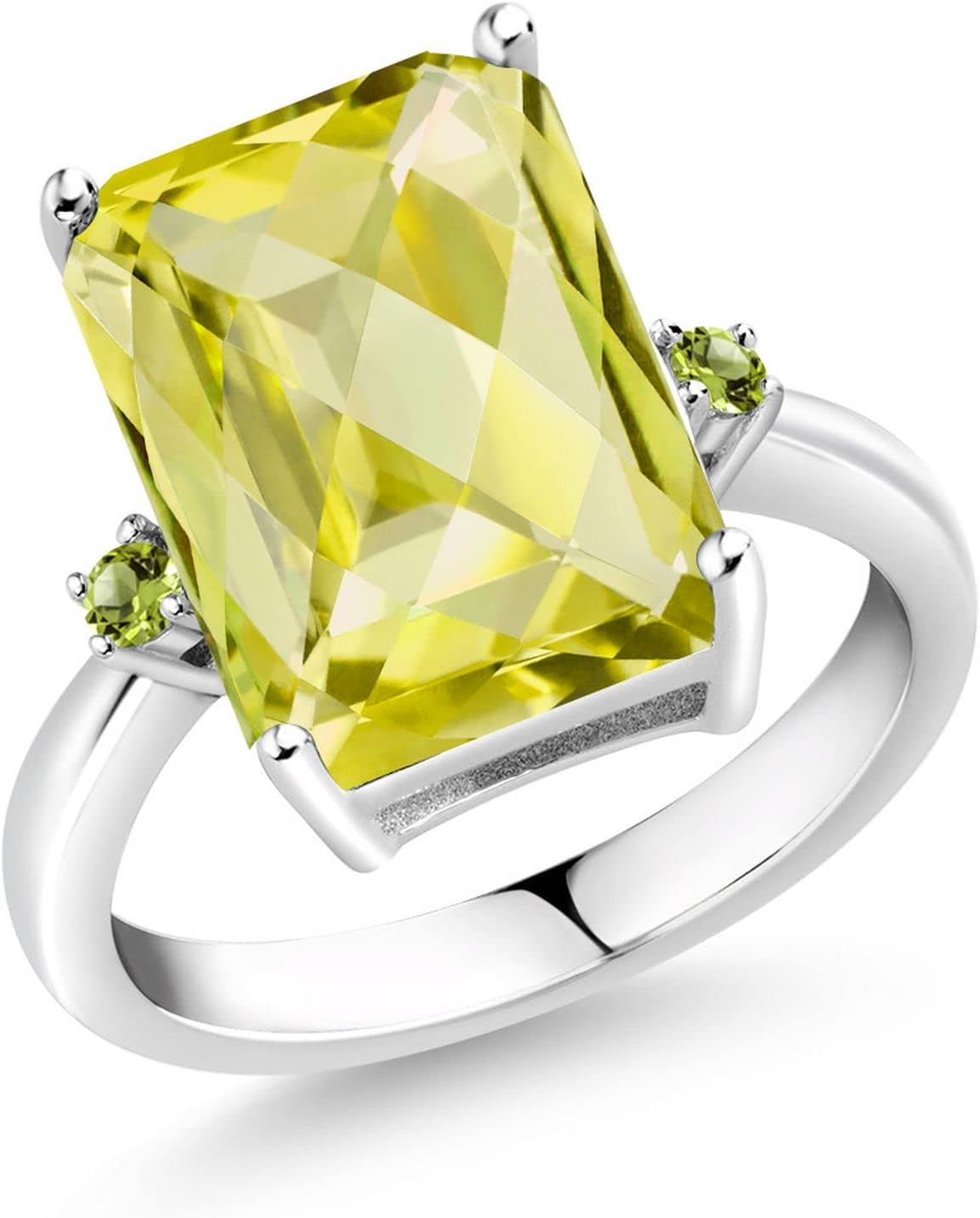 Gem Stone King 6.95 Cttw Yellow Lemon Quartz and Green Peridot Ring For Women | 925 Sterling Silver | Emerald Cut Checkerboard 14x10MM | Wedding Engagement Anniversary Promise Ring For Women