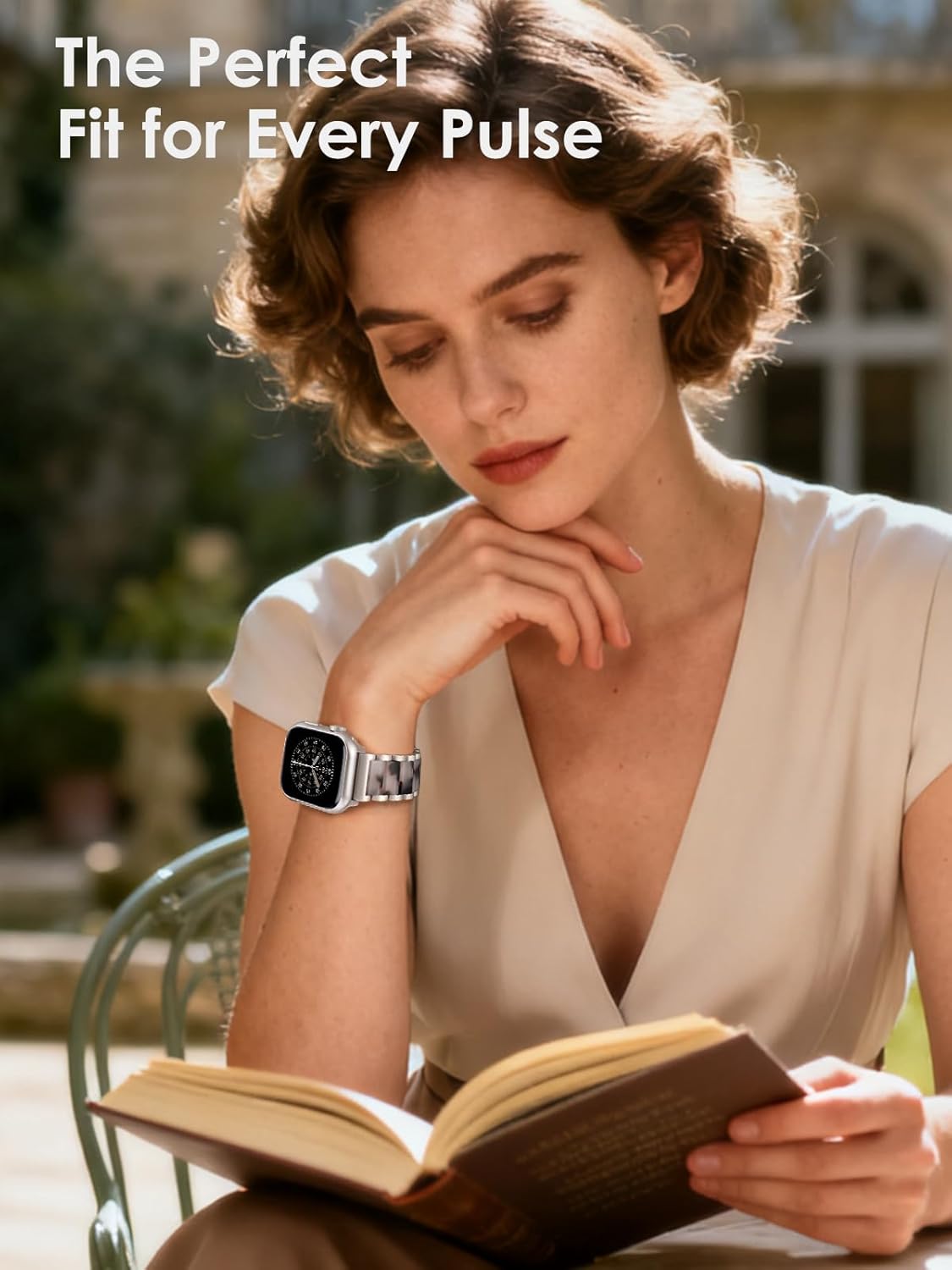 V.R.HOPE Apple Watch Band for Women 38mm 40mm 41mm 42mm, Fashion Rose Gold Stainless Steel Metal Strap with Resin Inlay, Fashion Bracelet Compatible with iWatch Series 11/10/9/8/7/6/5/4/3/2/1/SE (Black Floral+Starlight) - Image 5