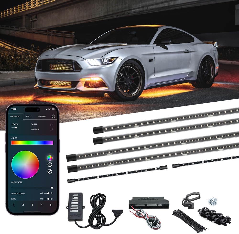 LEDGlow 4pc Bluetooth Million Color LED Underbody Underglow & 2pc Interior Footwell Accent Lighting Kit for Cars - Smartphone App - Courtesy Lights - Create Any Color - Control Box
