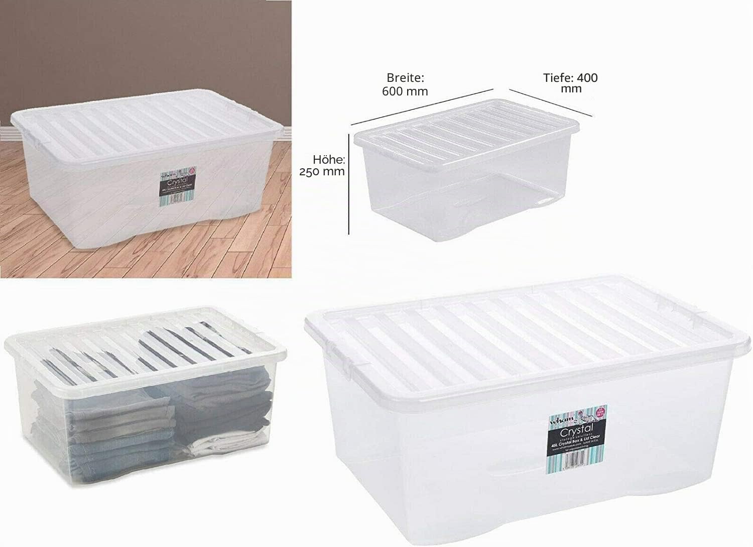 Wham 45-Liter-Speicher klare Kunststoff-Aufbewahrungsboxen mit Deckeln f�r Zuhause und B�ro, stapelbar und nestbar, Set aus 5 gro�en Aufbewahrungsboxen mit Deckeln, 60 x 40 x 25 cm