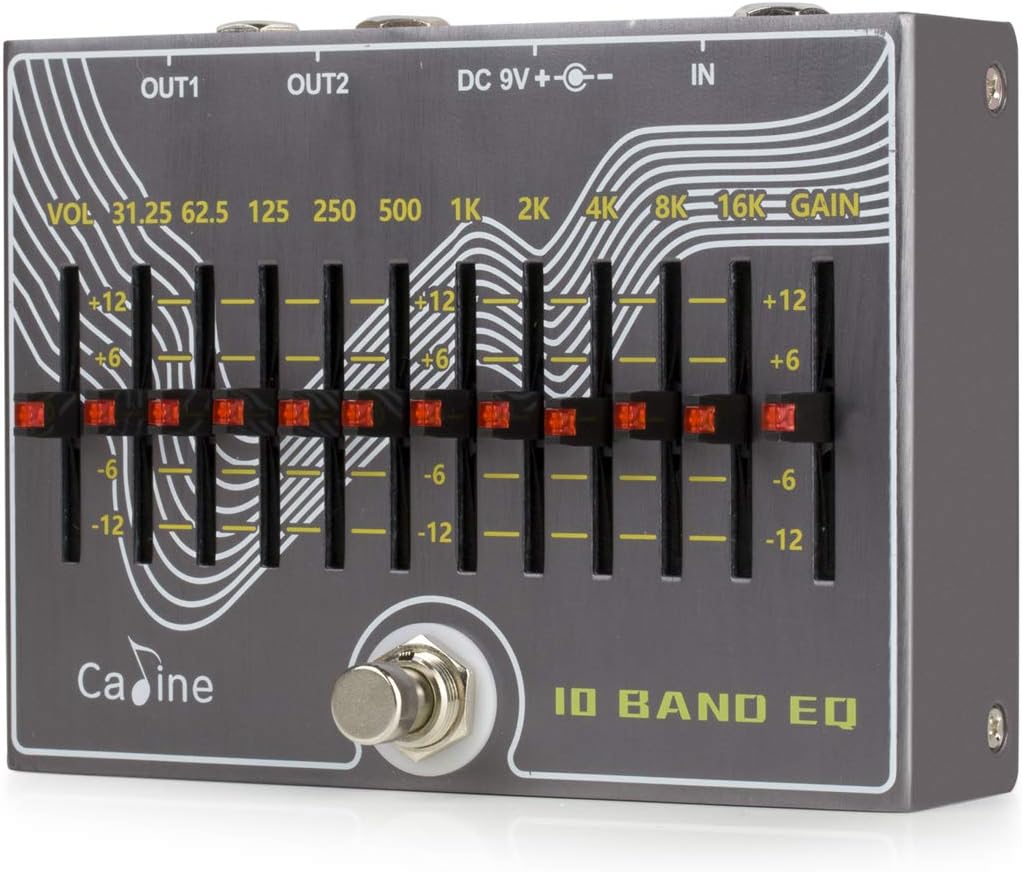 Close-up of Caline CP-81 10 Band EQ sliders and labels
