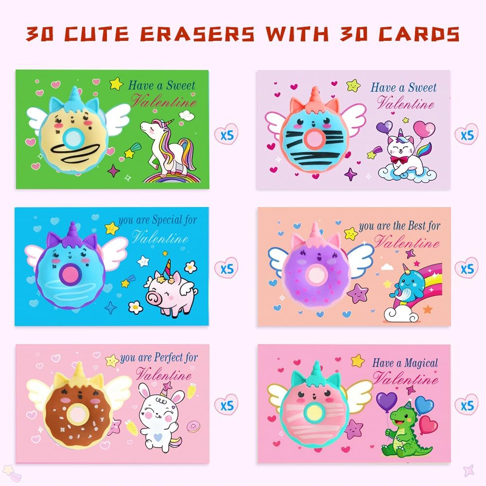 30 Pack Valentine's Cards Set, Valentine's Day Donut Erasers with Greeting Cards for Exchange Gifts, Party Favors Prizes
