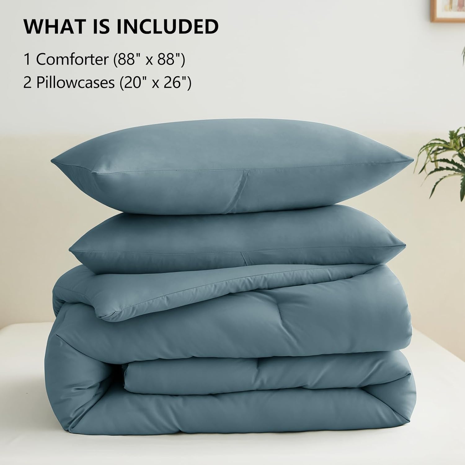 CozyLux Queen Comforter Set Mineral Blue, 3 Pieces Solid Comforters Queen Size Breathable Bedding Sets, Luxury Soft Lightweight Bed Set with Down Alternative Comforter and 2 Pillowcases All Seasons