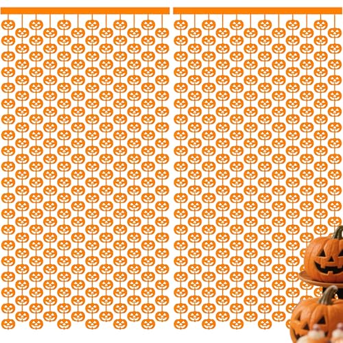 AimtoHome Halloween Thanksgiving Party Decorations - 2 Packs Orange Pumpkin Foil Fringe Streamers Curtains for Gothic Evil Birthday Baby Shower Wedding Wall Party Decor(3.3x6.6 ft)