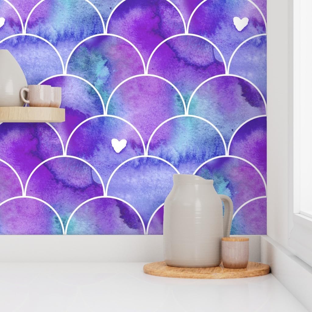 Peel & Stick Wallpaper 3ft x 2ft - Scallops, Mermaid, Scales, Watercolor, Dragon, Purple, Aqua, Fantasy, Cosplay, Mythical, Custom Removable Wallpaper by Spoonflower