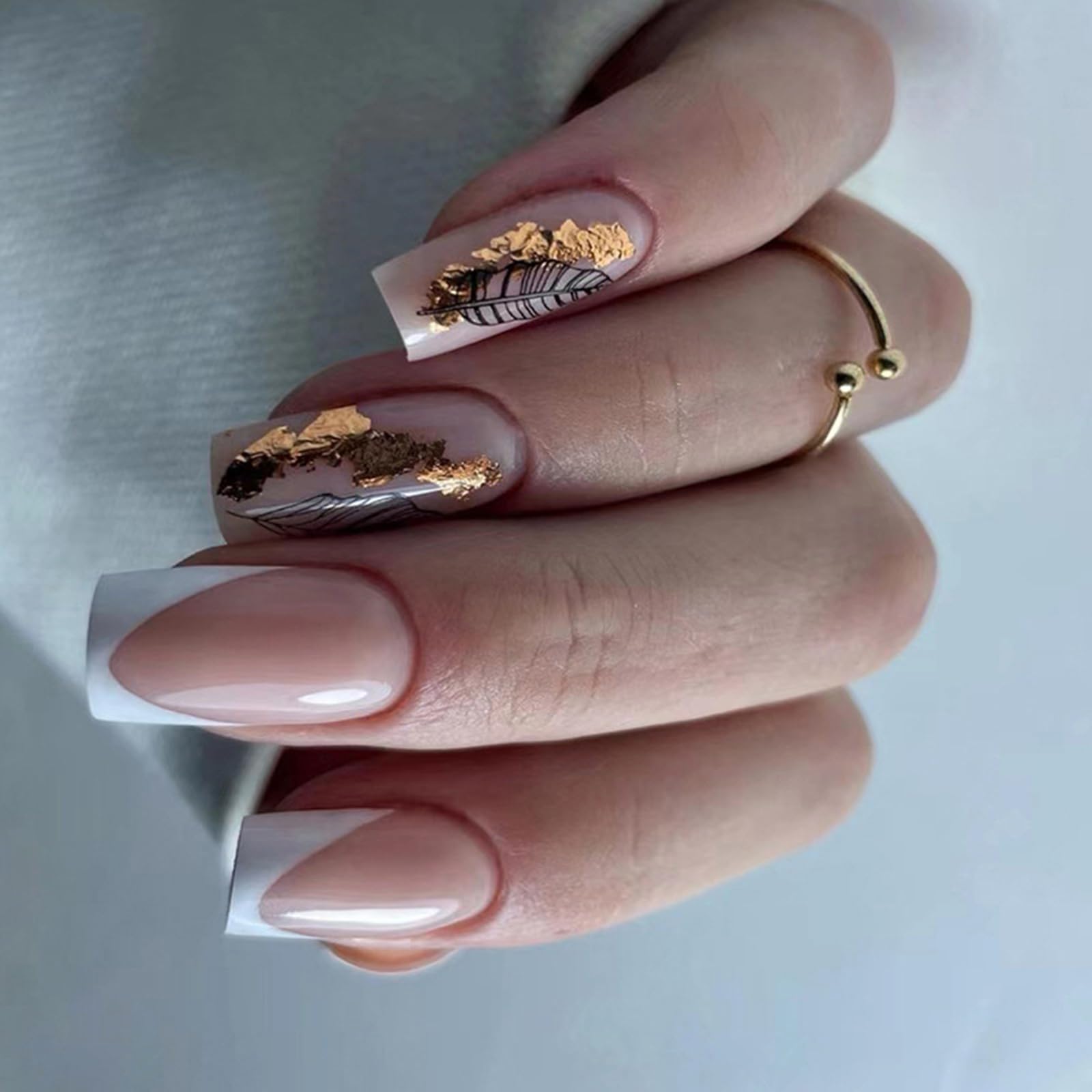 White French Press On Nails Medium Square Fake Nails Black Leaf Lines Medium Coffin False Nails Gold Leaf Acrylic Full Cover Glue on Nails Press On Nail Kit for Women 24 Pcs