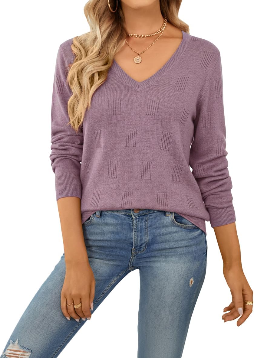 QUALFORT Women’s Lightweight V Neck Knit Sweaters Soft Long Sleeve Tops for Fall Winter 2026