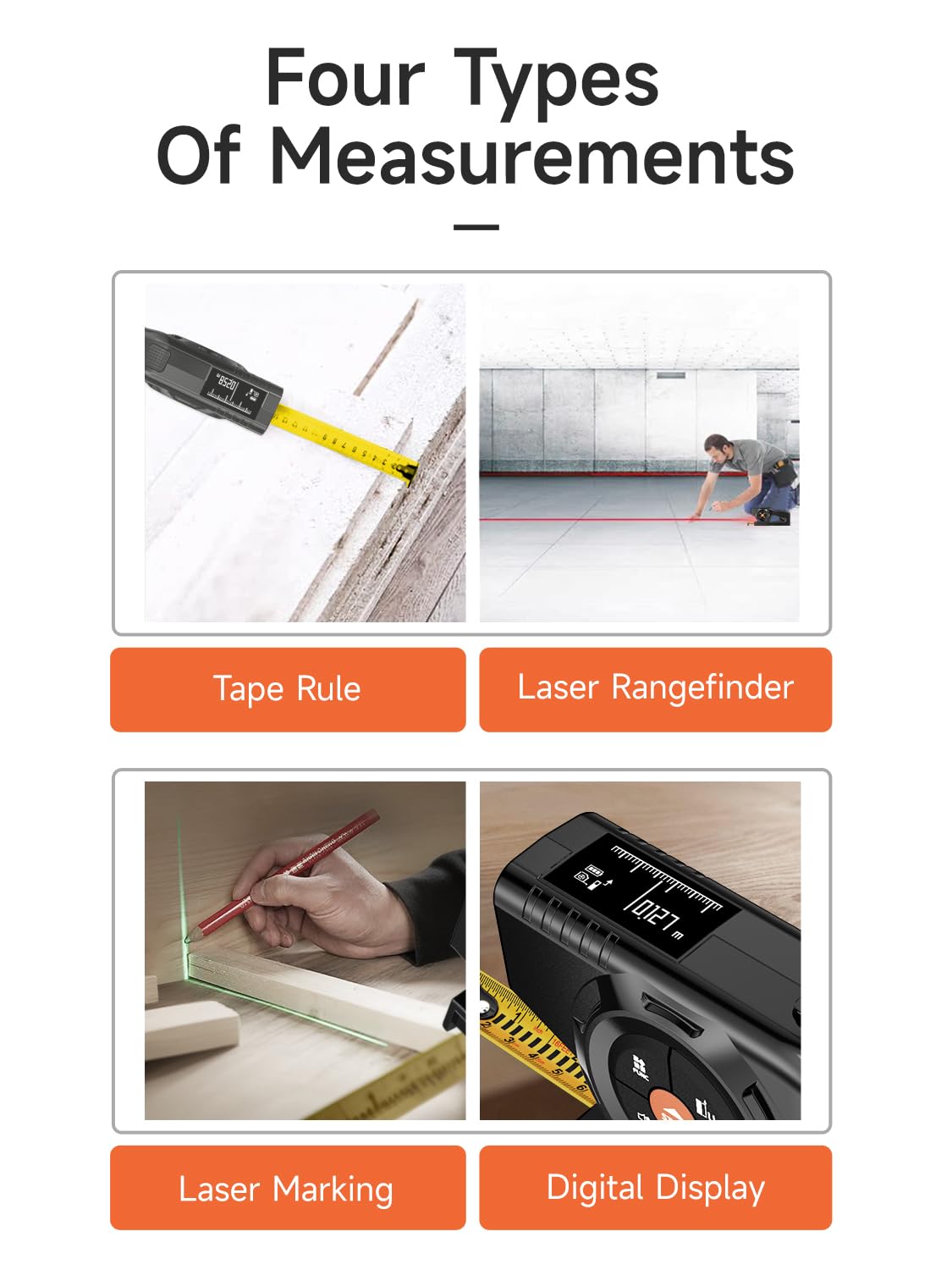 Télémètre Laser 3-en-1, Mètre Laser de 196ft/60m et Ruban à Mesurer à Verrouillage Automatique avec Affichage Numérique Instantané et Extension Laser Verte, Liste de Mesure avec Mémoire