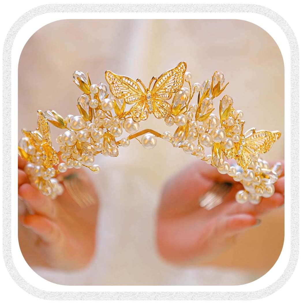 Amazon.com : Yean Butterfly Crown Pearl Bridal Crowns and  display picture 3