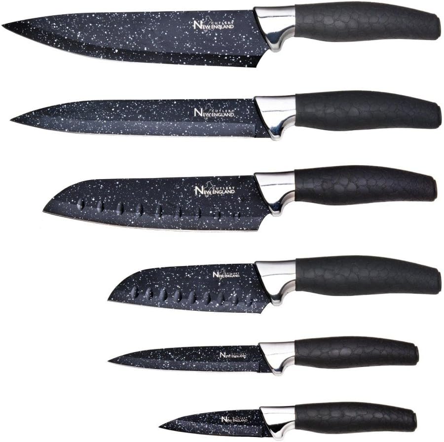 New England Cutlery 6 Piece Marble Finish Steel Knife Set with Guard, Black