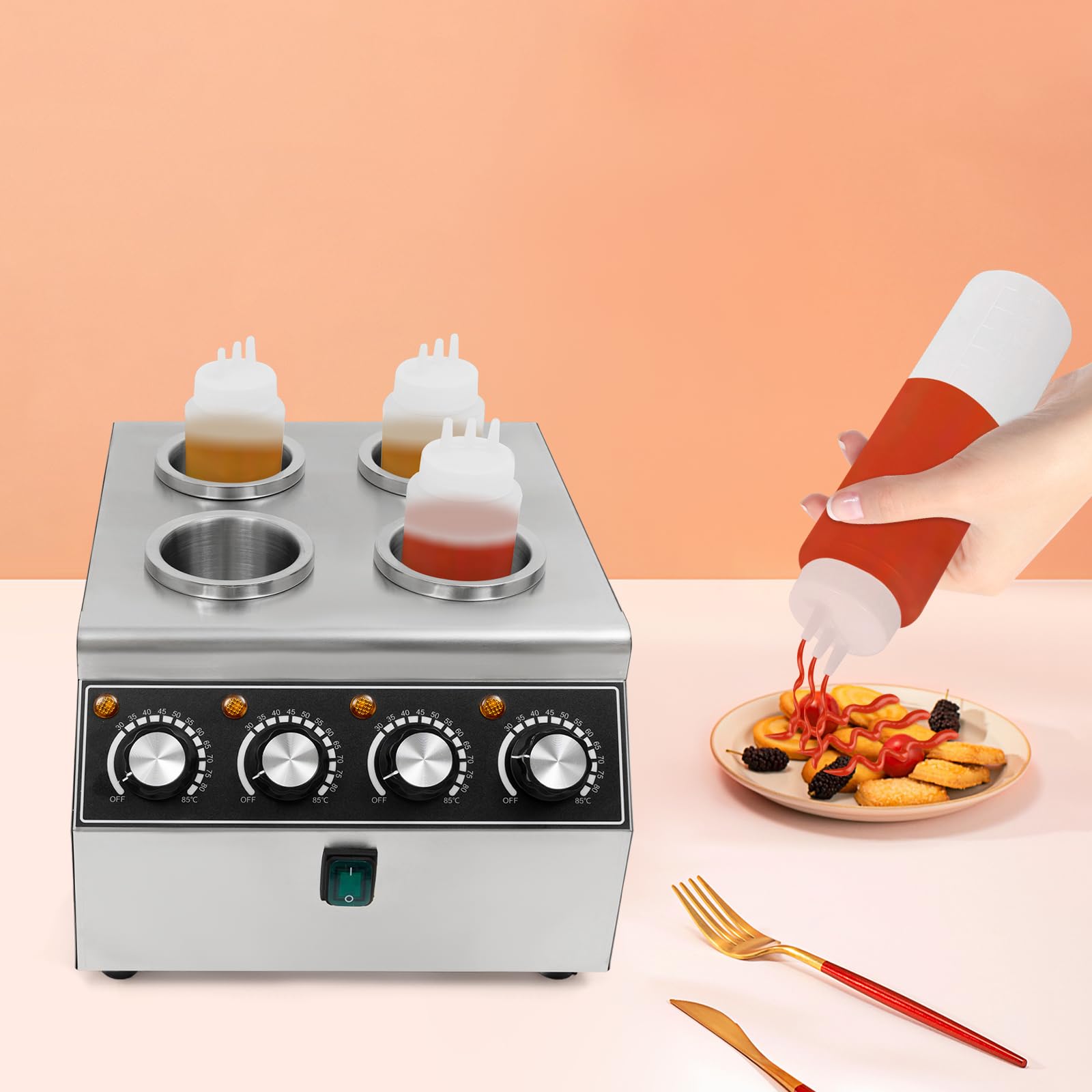 Calentador de salsas eléctrico de acero inoxidable con botellas de exprimidor – Dispositivo de mesa para mantener las salsas calientes, 800 W de potencia, 4 botellas (0,68 L), para restaurantes y