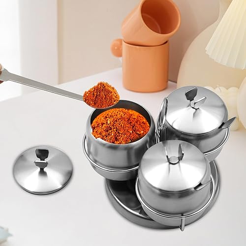 Miniatura 4 de Juego de 3 azucareros giratorios con tapa y cuchara, de acero inoxidable, juego de tarros de especias giratorios con estante para especias para el