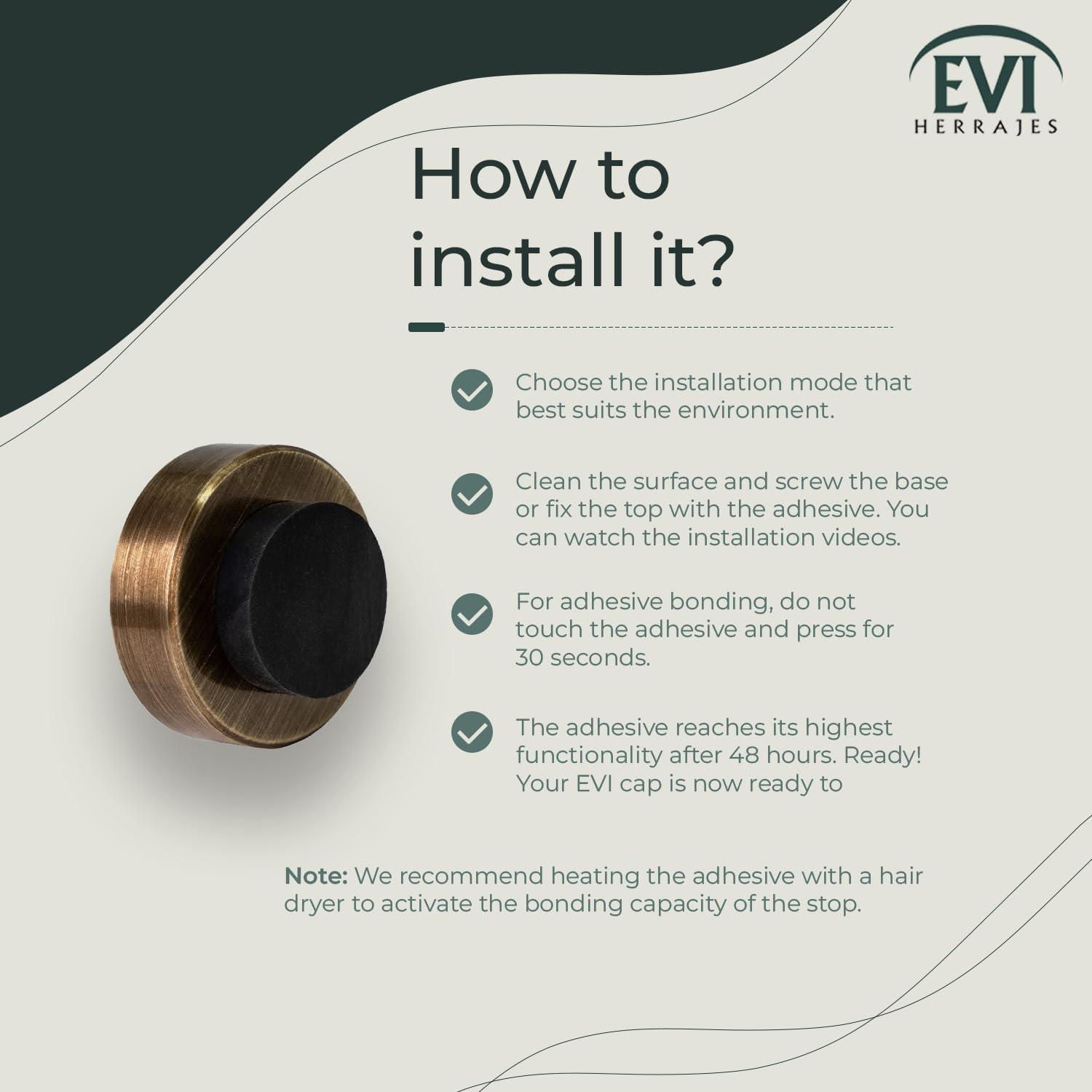 EVI Herrajes | Wall Door Stop | 1,37x0,7" | Leather Finish Brass | Adhesive + Screw-in | Anti Shock Door Handles | Design and Functionality | I-254/35-CU