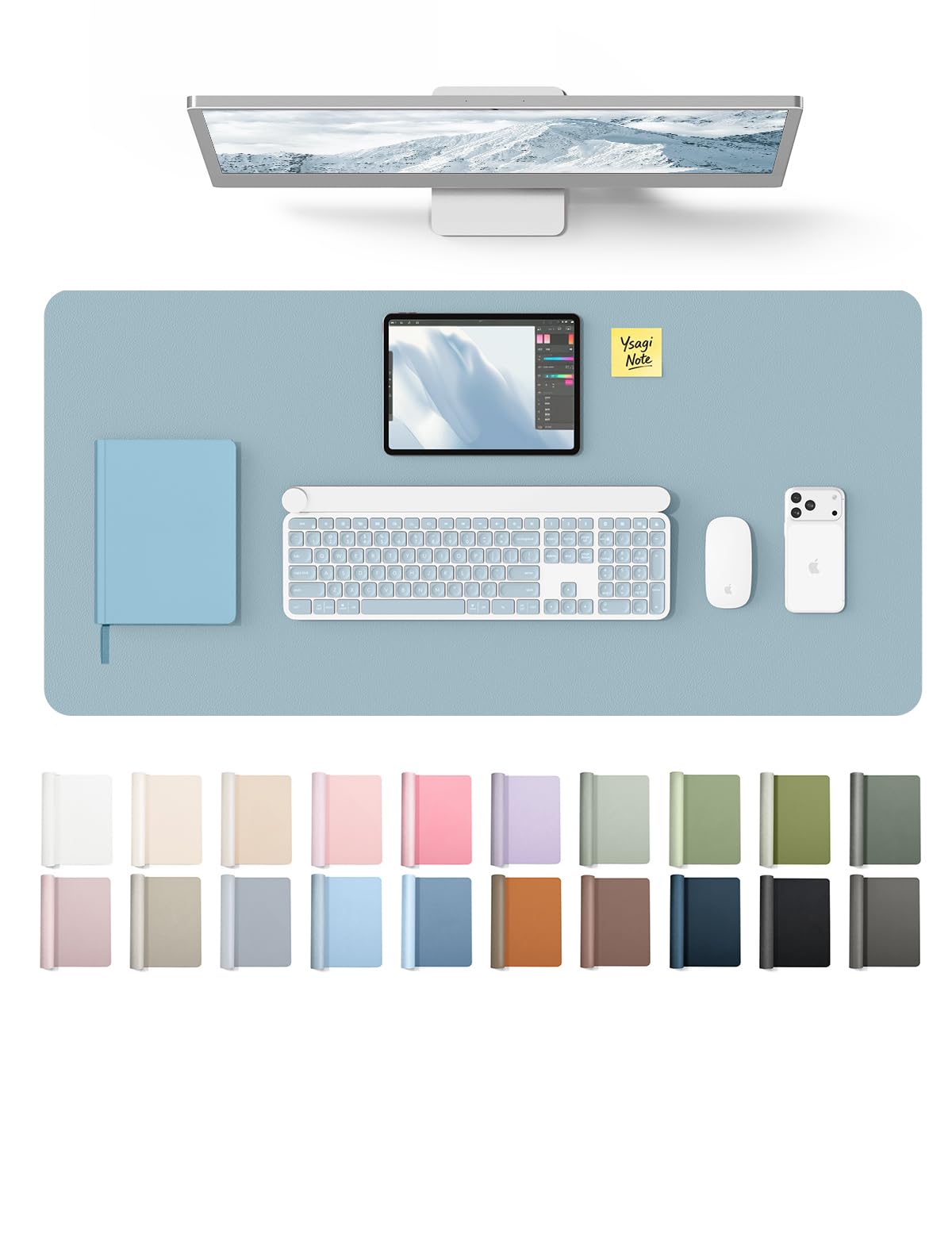 YSAGi Leather Desk Protector, Office Mat, Large Mouse Mat, Non-Slip PU Leather Blotter, Laptop Desk Pad, Waterproof Writing Pad for Office and Home (Ice Blue, 31.5" x 15.8") Ice Blue 31.5" x 15.8"