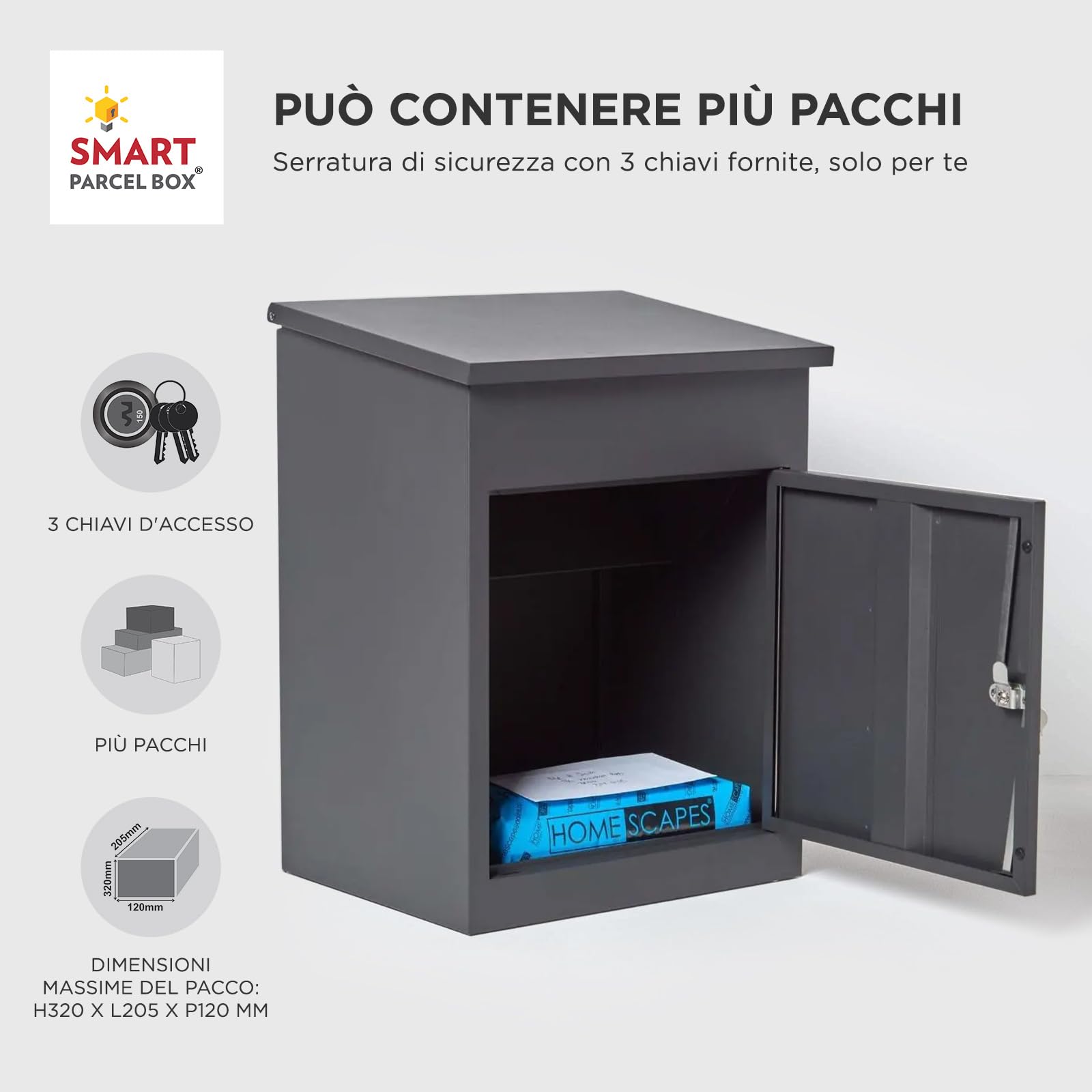 Smart Parcel Box - Cassetta per lettere/pacchi media Grigio scuro con accesso frontale in acciaio