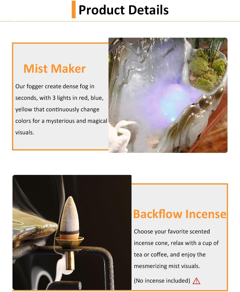Tabletop Water Fountains Indoor Waterfall Fountain with Mist LED Light Feng Shui Wealth Desk Fountain with Backflow Incense Holder Zen Decor for Meditation (Crane)