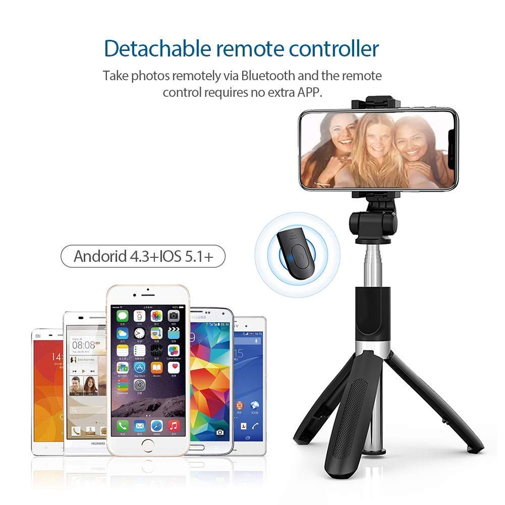 Image showing the detachable Bluetooth remote controller and compatible Android and iOS smartphones.