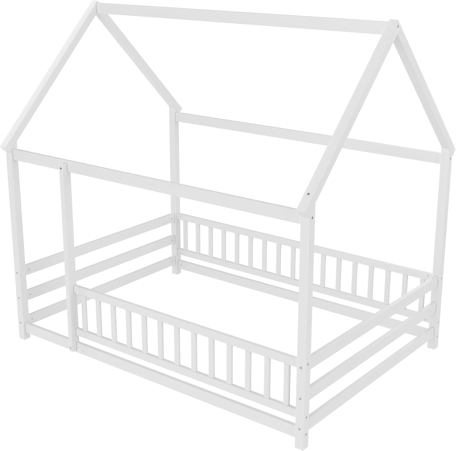 Bellemave Full House Bed for Kids, Wooden Kids Montessori Bed with Rails, Montessori Floor beds with high guardrail Without slats, White