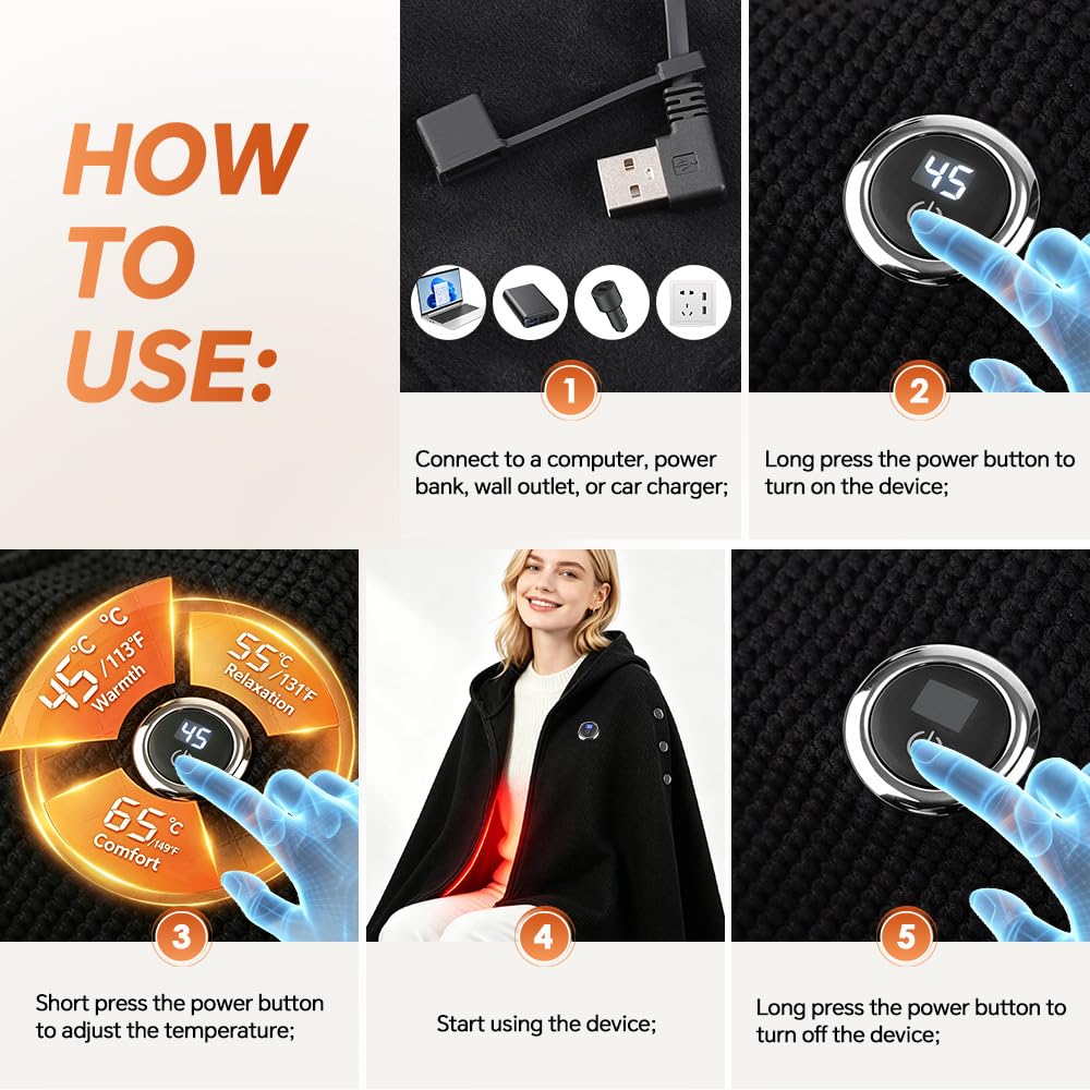 SkyFace Coperta Indossabile Termica Elettrica, scialle riscaldata USB | 3 Livelli di Temperatura Coperta Riscaldabile Indossabile Poncho Mantella con Chiusura a Bottone per Casa Ufficio